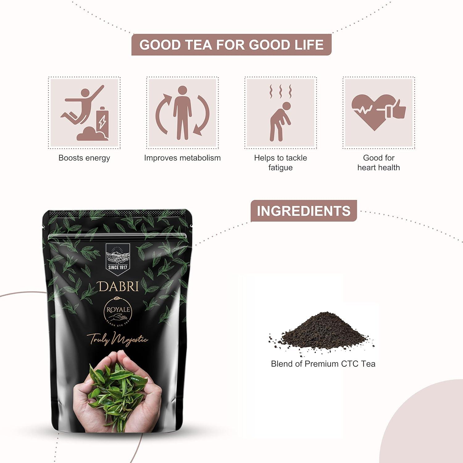 DABRI Dabri Royale Black Strong CTC Tea Chai Patti long Leaf 1kg | 100% Pure Premium kadak Chai Patti | Aromatic & Rich 1Kg Pouch