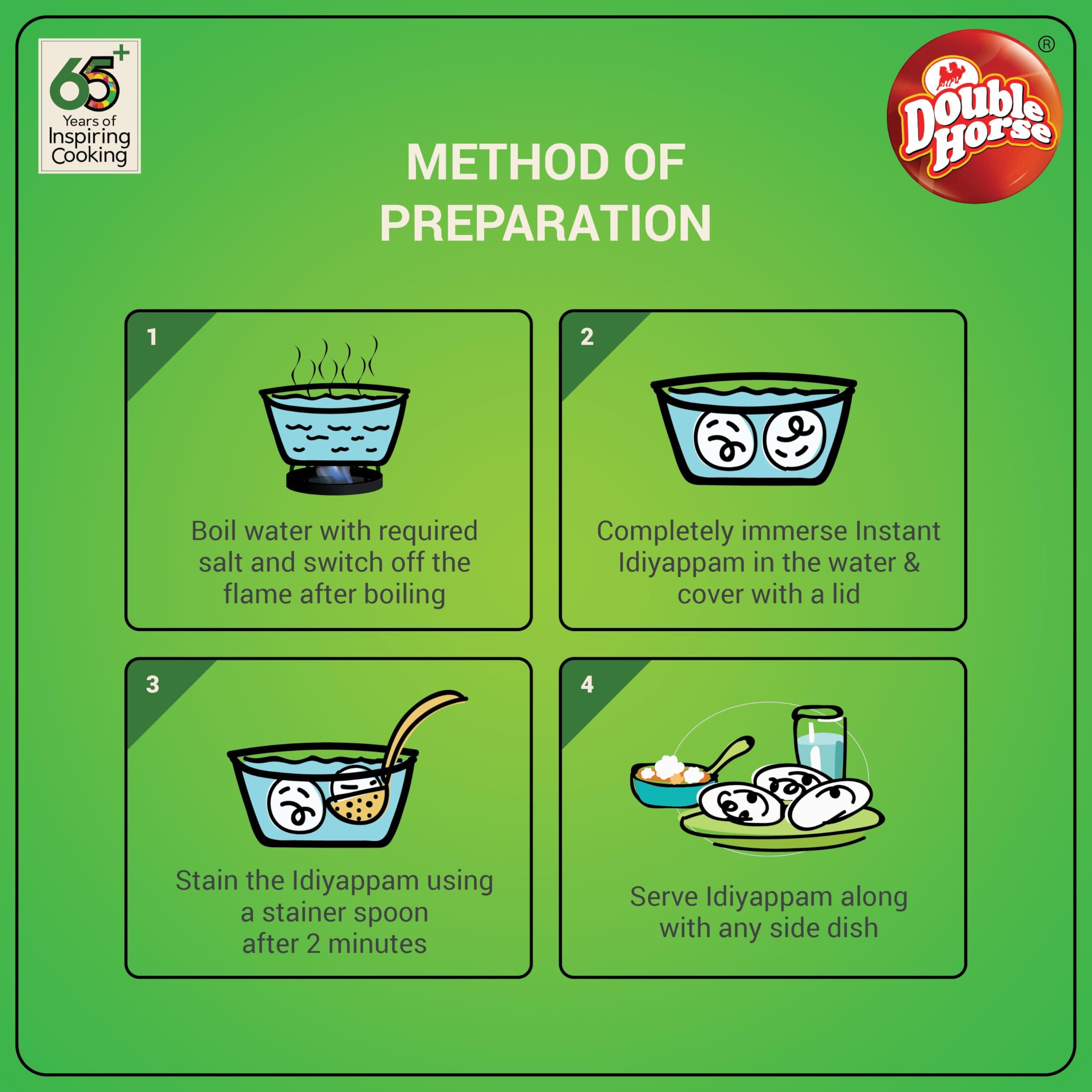 Double Horse Double Horse Quick & Easy Instant White Idiyappam, 200 Gram X 4|Nool Puttu|String Hopper|Export Quality|2 Minute Magic Instant Breakfast|Pack Of 4
