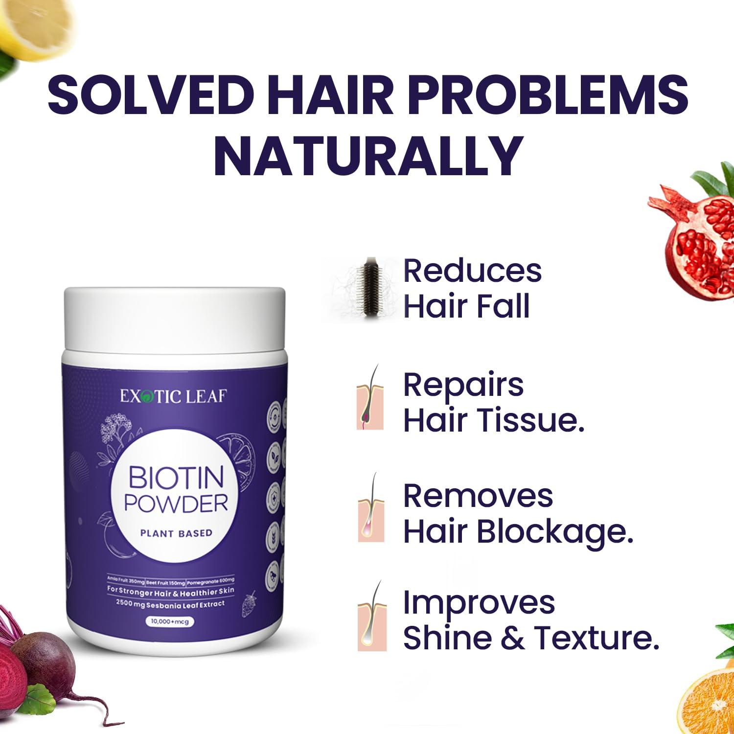 EXOTIC LEAF EXOTIC LEAF Plant-Based Biotin Hair Supplement Powder-10000Mcg|Men And Women|Enhanced Growth Formula With Sesbania, Amla, Bamboo, Orange|Hair Control & Vitality|Pack Of 2-200G