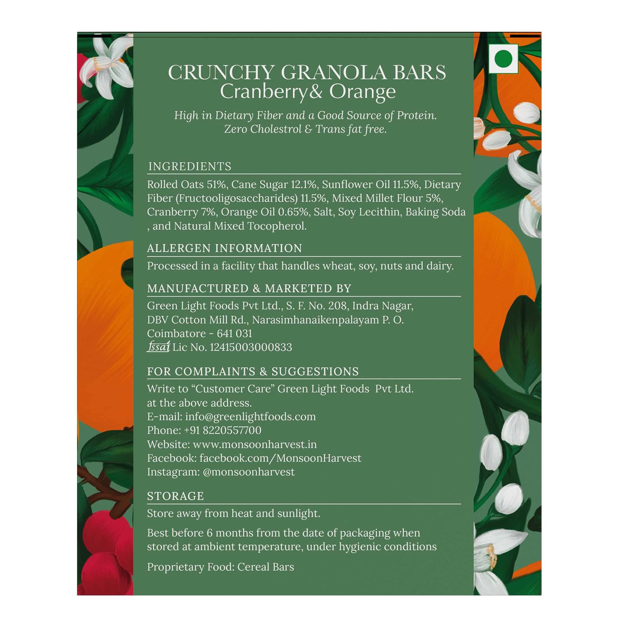 MONSOON HARVEST MONSOON HARVEST Wingreens Crunchy Millet Granola Bars - Cranberry & Orange - Pack of 6, Healthy Vegan Breakfast Energy Bars, Gluten Free, High Fiber, (40 Grams Each), with Rolled Oats