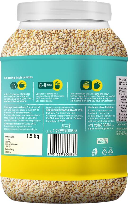 Yogabar Yogabar Steel Cut Plain Oats 1.5Kg | Premium Oats, Gluten Free Oats With High Fibre, 100% Whole Grain, Non Gmo | Protein Rich Healthy Food With No Added Sugar | - 1.5 Kg