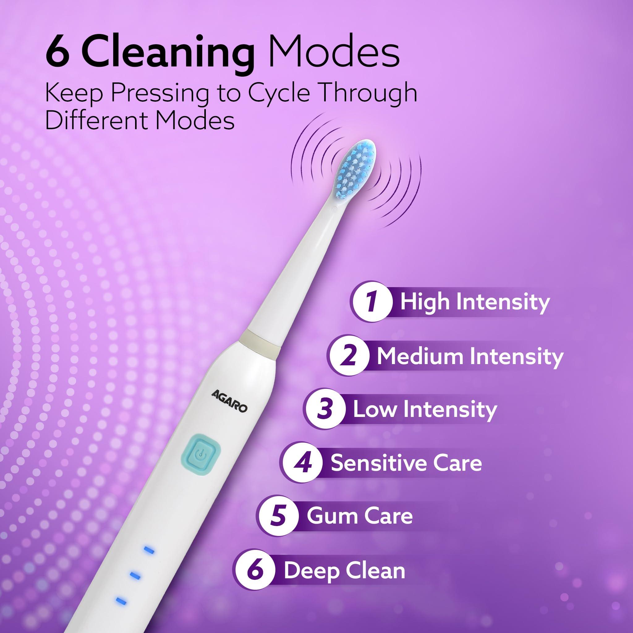 AGARO AGARO COSMIC Lite Sonic Electric Toothbrush For Adults With 6 Modes, 3 Brush Heads, 1 Interdental Head And Rechargeable With 3.5 Hours Charge Lasting Upto 25 Days, Power Toothbrush|White