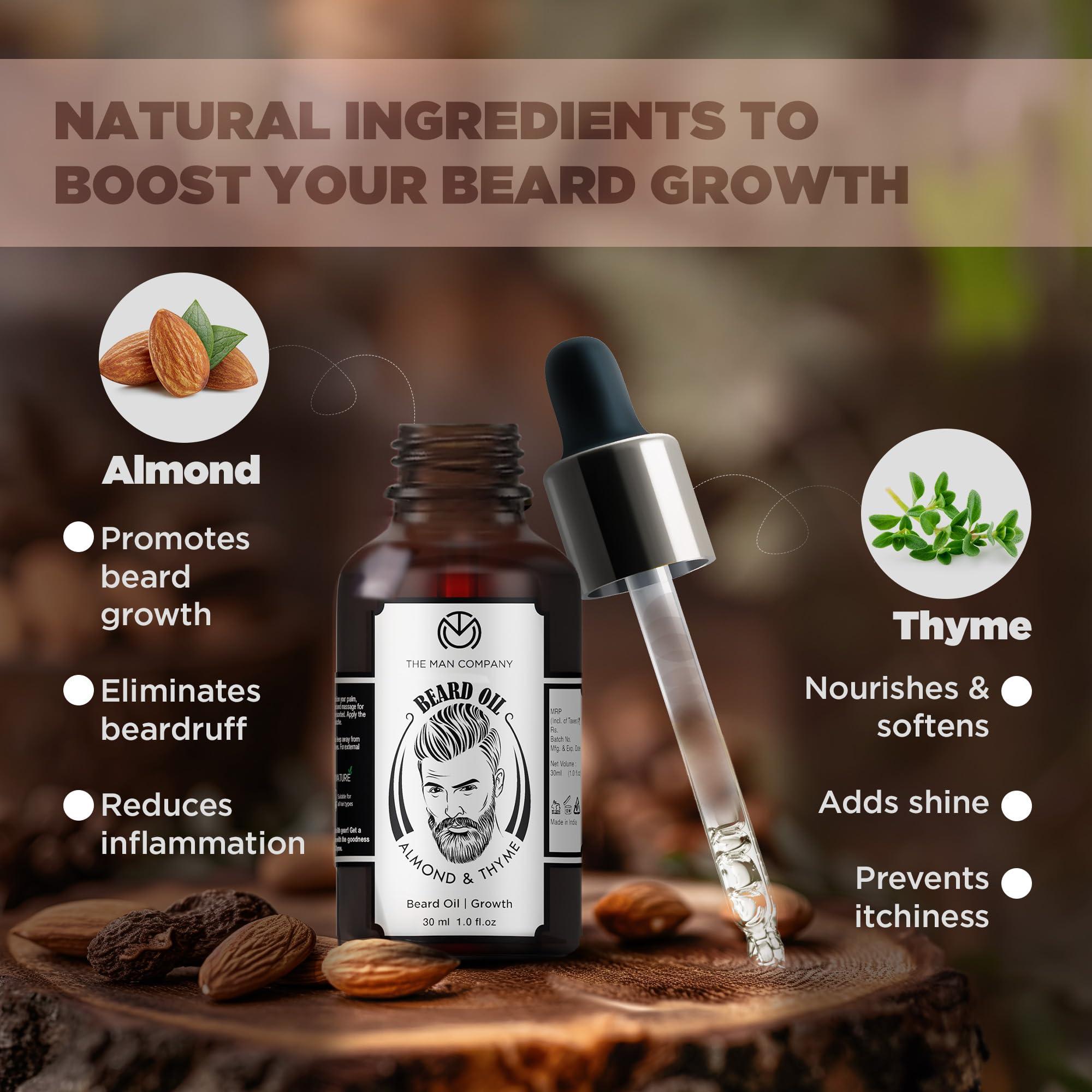 The Man Company The Man Company Beard Oil for Growing Beard Faster with Almond & Thyme, 100% NATURAL, Best Beard Growth Oil for Men, Nourishes & Strengthens Uneven Patchy Beard - 30ML