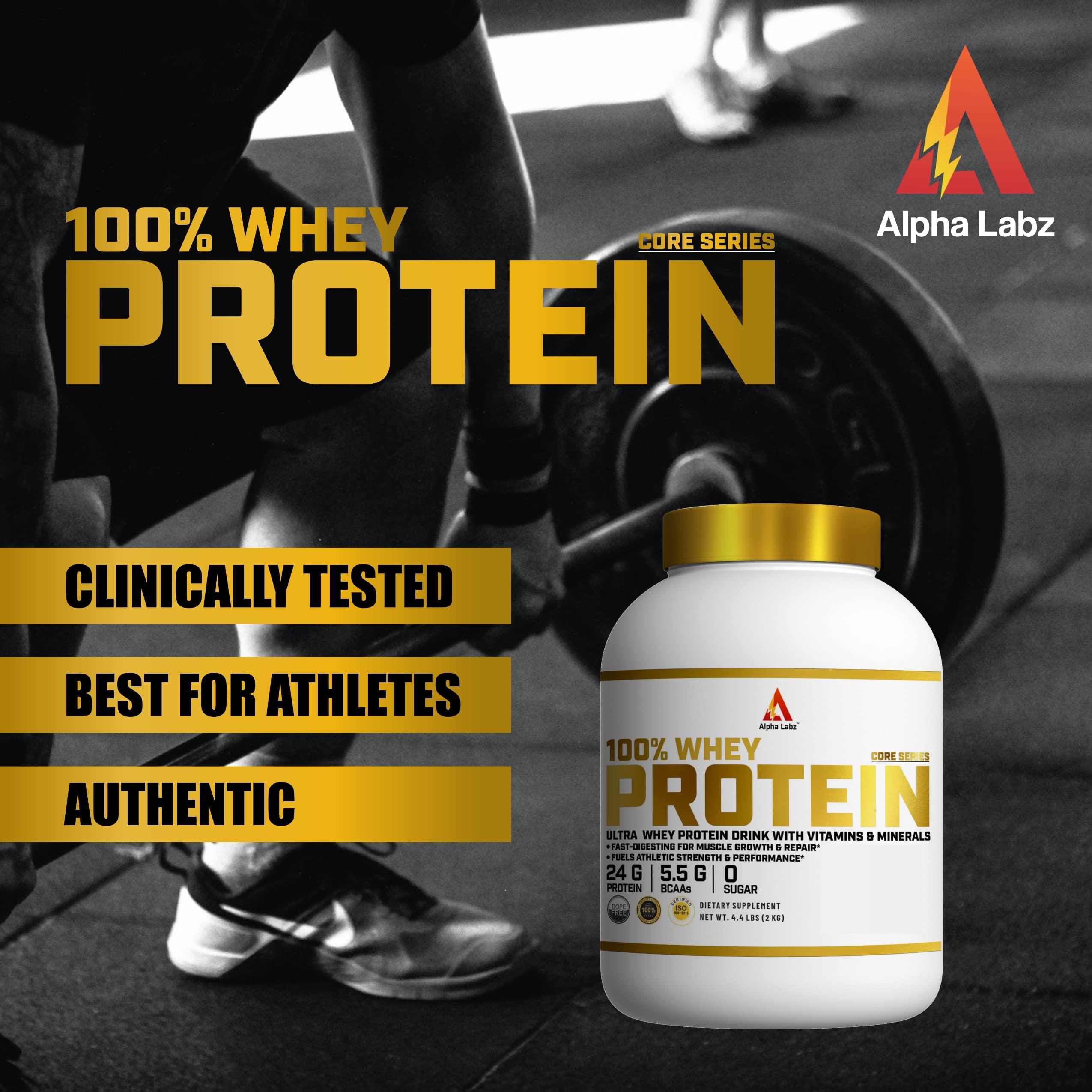 Alpha Labz Alpha Labz Whey Protein Supplement - 100% Whey Protein | Post Workout Whey Protein Isolate - 24g Protein, 5.5g BCAA, 2g Creatine for Fast Recovery & Lean Muscle| Mass Gainer Protein Powder | Protein Powder for Muscle Gain & Muscle Builder for Men and