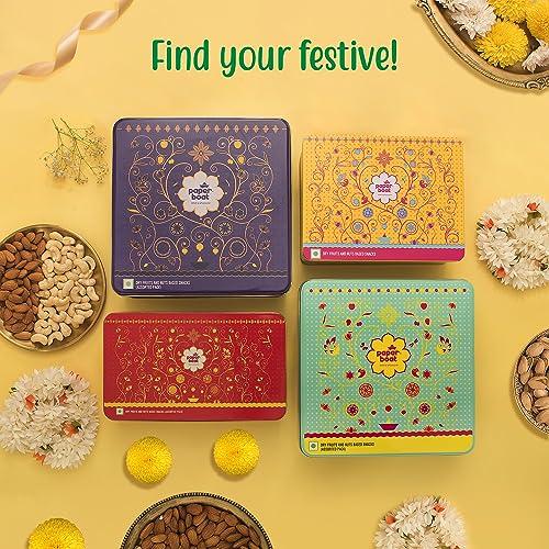 Paper Boat Paper Boat Dry Fruit Gift Box, 390g - Gourmet Lohri Gift Hamper | Beautiful Reusable Tin Box | Festive Gift for Loved ones | Assorted Mix of Raw, Flavoured & Trail Mix | Cashews, Almonds, Berries, and Mixed Nuts