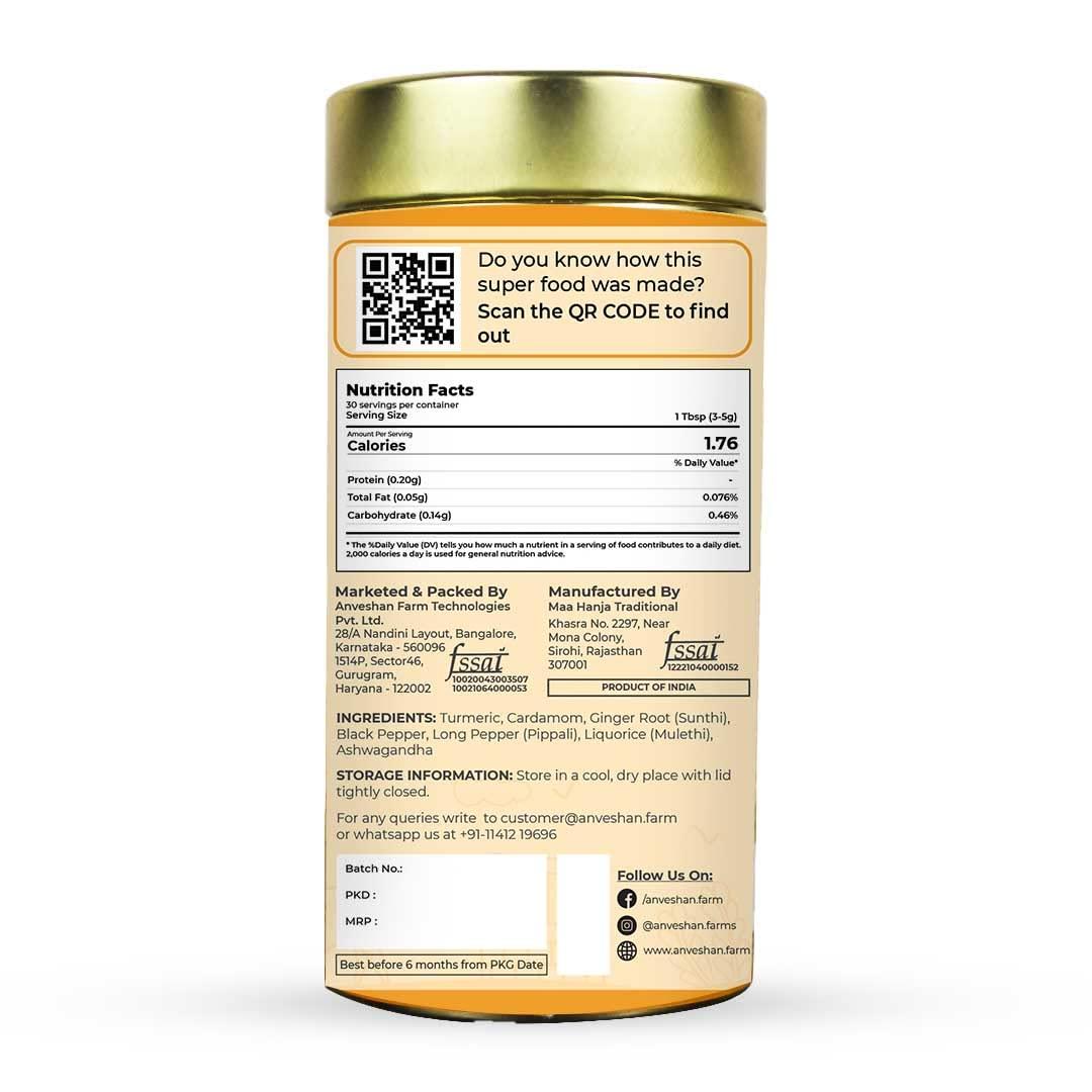 Anveshan Empowering farmers with technology Anveshan Turmeric Latte 100g | Healthy Ayurvedic Remedy with Ashwagandha Mix for Golden Milk | Haldi Mix.