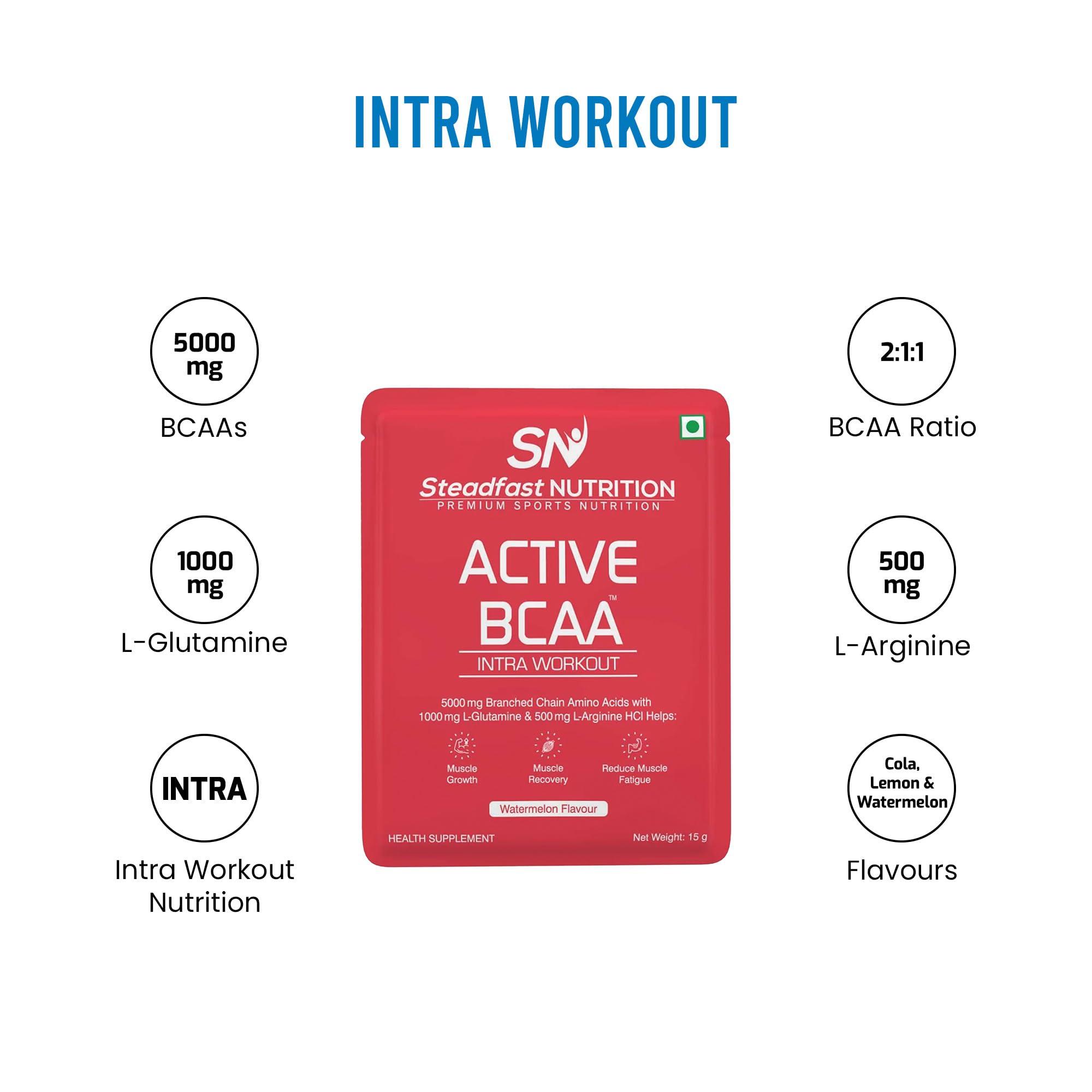Steadfast Nutrition Steadfast Nutrition Active BCAA | Pre Workout BCAA Supplement in 2:1:1 Ratio | Muscle Recovery & Endurance, Intra workout | BCAA with L-Glutamine & L-Arginine | Watermelon Flavour (450g, 30 Sachets)