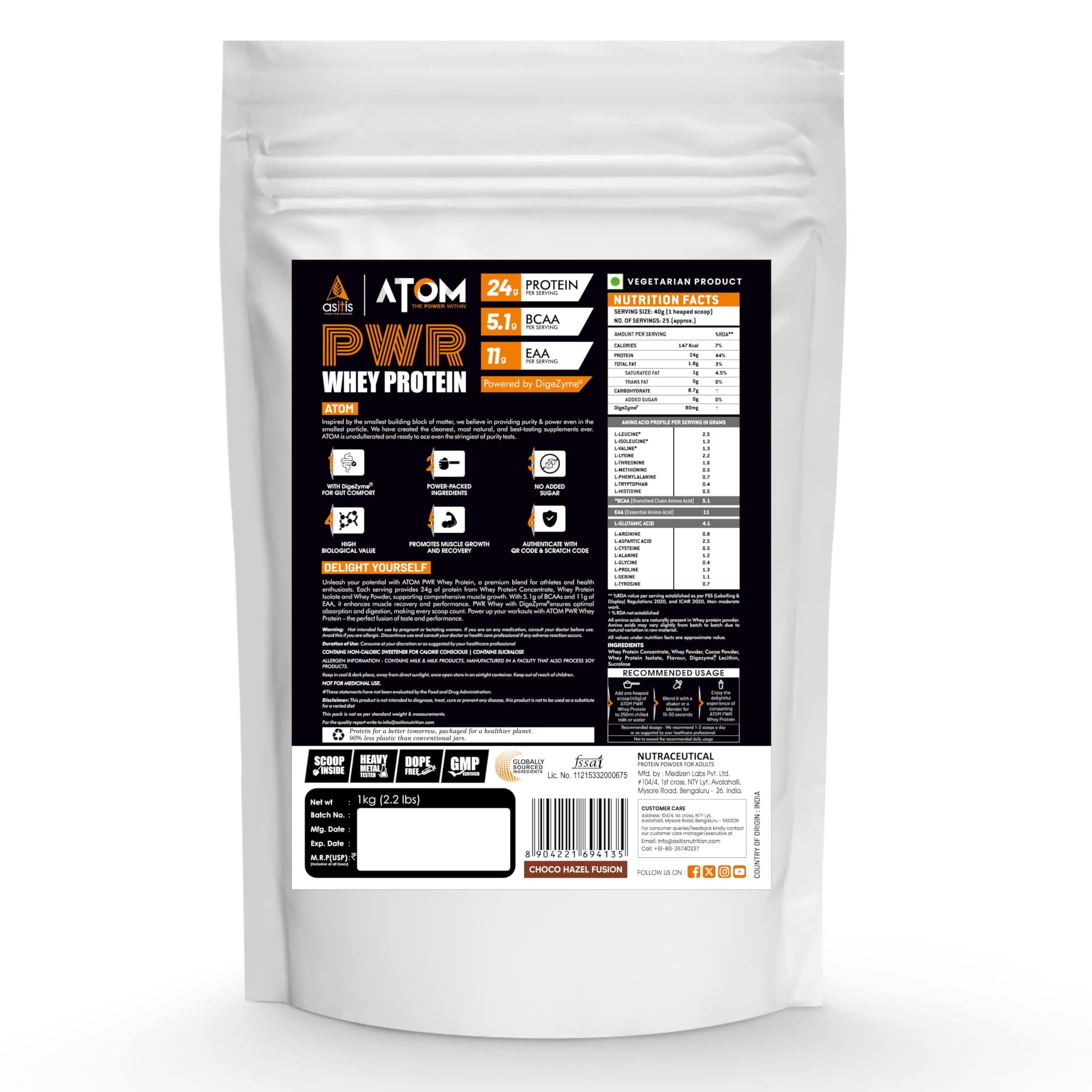 Asitis Nutrition AS-IT-IS Nutrition ATOM PWR Whey Protein with Enzymes, 24g Protein, 11g EAA, Lean Muscle Gains & Rapid Recovery, Easy Digest, 1Kg, Choco Hazel Fusion