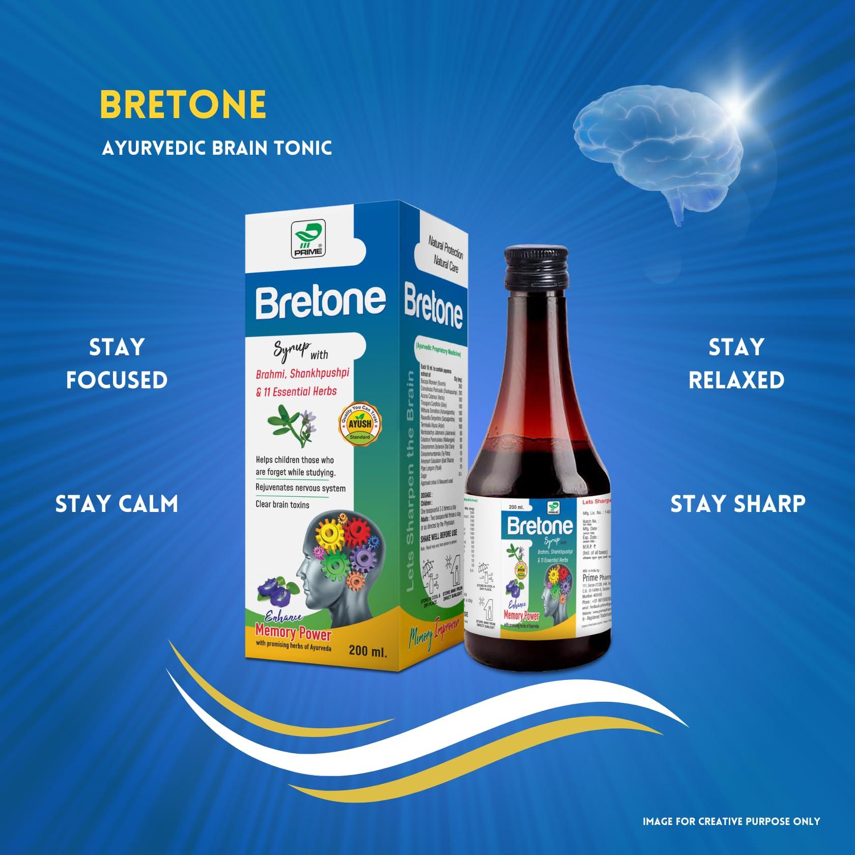 Prime Prime Bretone Shankhpushpi Syrup is loaded with Brahmi, Shankhpushpi and 11 essential herbs. It helps sharpen the memory, keep brain healthy and helps live a stress free life. (200 ml x 2)
