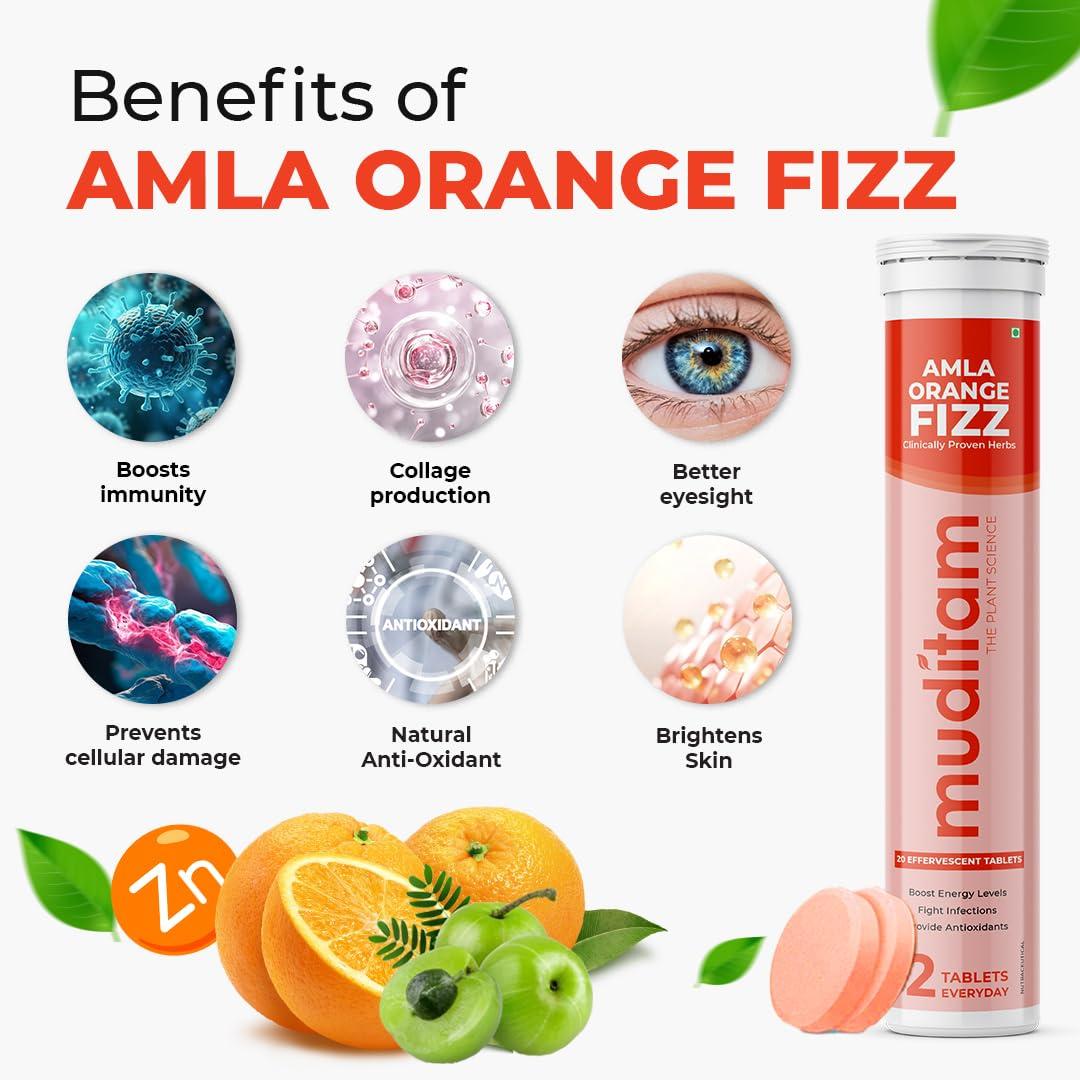 Muditam Ayurveda Muditam Ayurveda Amla Orange Fizz Tablet | Vitamin C Effervescent tablets for Skin, Hairs & Eyes | Amla Orange Extract 60 Effervescent Tablets | Immunity Booster - Antioxidant Builder