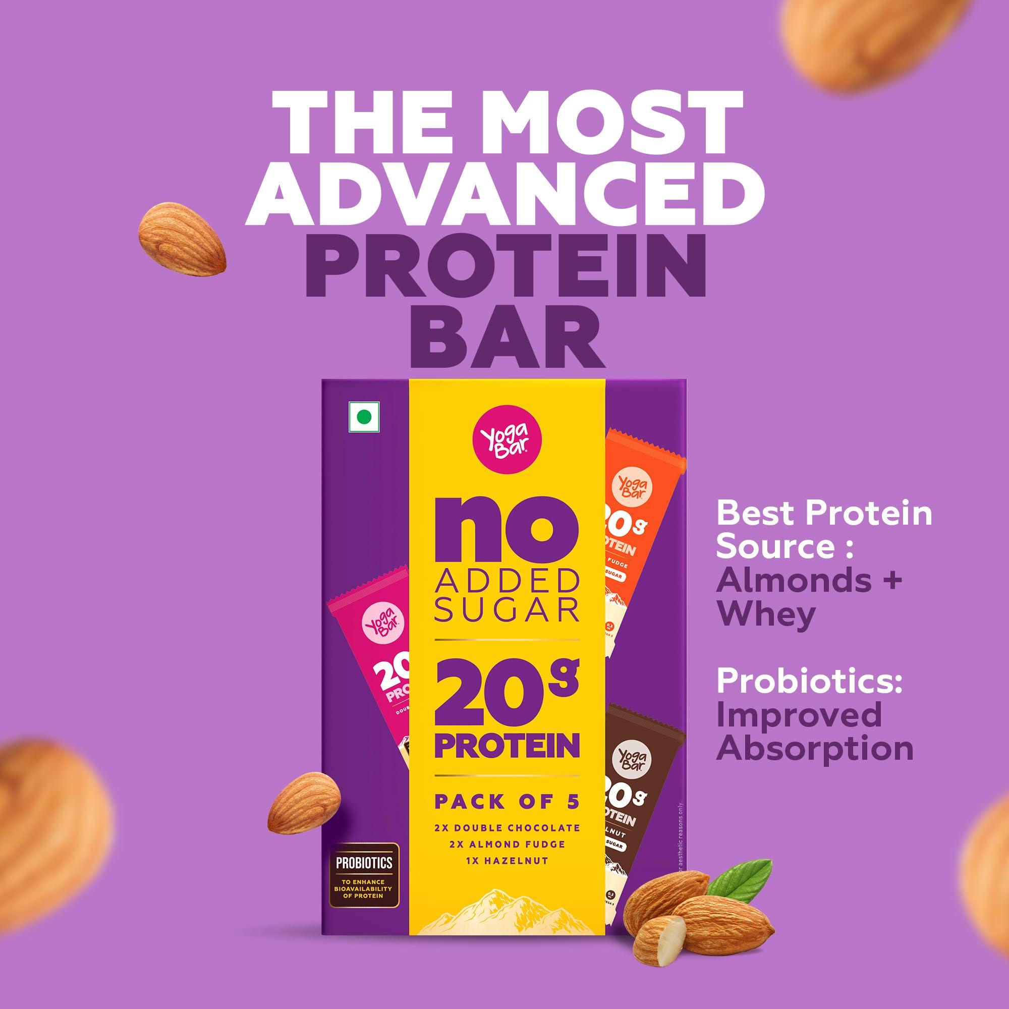 Yogabar Yogabar No Added Sugar 20g Protein Bars | High Protein & Energy Bars | Added Probiotics & Whey | 20g Protein & 10g Fibre Nutrition Bars| Pack of 15 x 70g Each | No Preservatives | Pack of 3