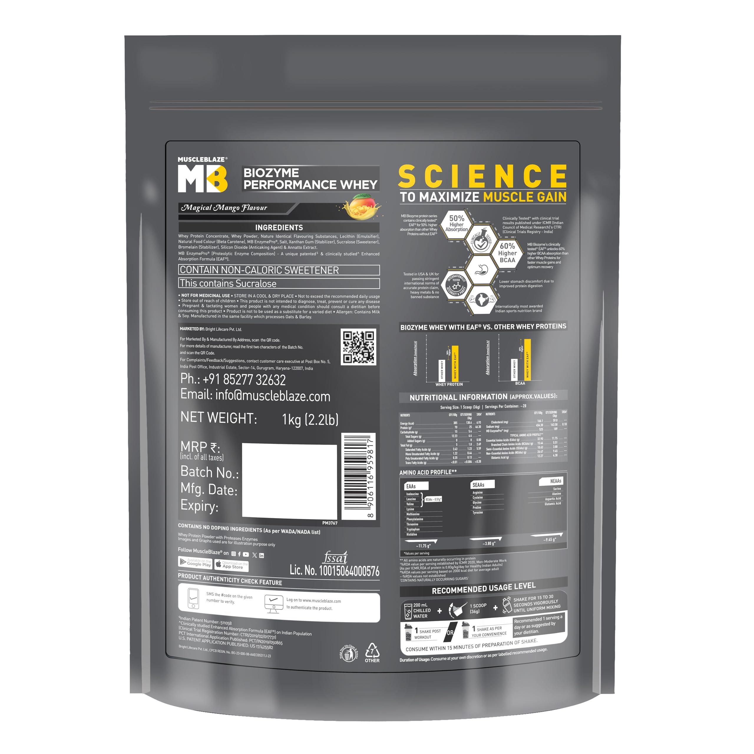 MuscleBlaze MuscleBlaze Biozyme Performance Whey Protein | Clinically Tested 50% Higher Protein Absorption | Informed Choice UK, Labdoor USA Certified & US Patent Filed EAF (Magical Mango, 1 kg Refill Pack)
