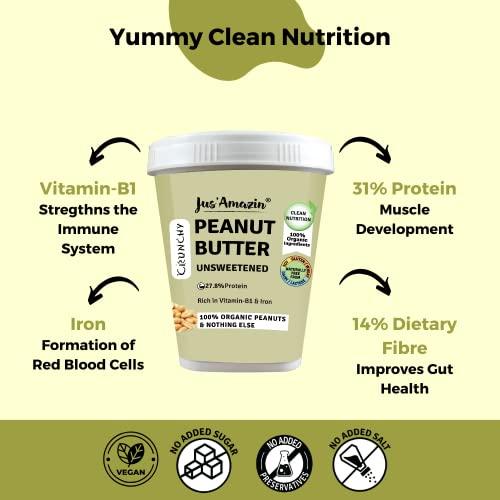 Jus' Amazin Jus\' Amazin Crunchy Peanut Butter - Unsweetened | 27.8% Protein | Single Ingredient - 100% Peanuts (no added Sugar/Salt) | Vegan | Dairy Free | Keto (Organic Peanut Butter Crunchy, 1 kg (Pack of 1))