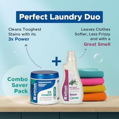 ETHIEK Ethiek Concentrated Detergent Powder (400g) & Fabric Conditioner (0.5L), Natural & Organic Detergent with 3X Power for Tough Stains and After Wash Fabric Softener, For Top & Front Load Machine - Combo