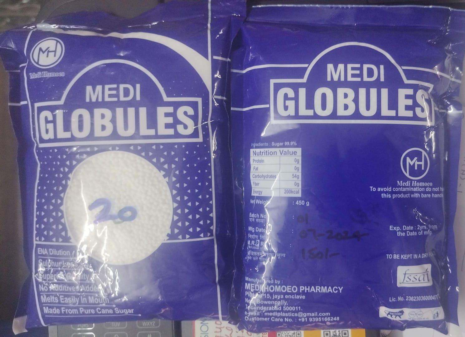 Medi Homoeo Medi Homoeo Sugar Globules Blank Pellets Plain Pills, Non-Medicated Pellets Pills | Sulphur Less Globules For Homeopathic Medicine (Size 20)