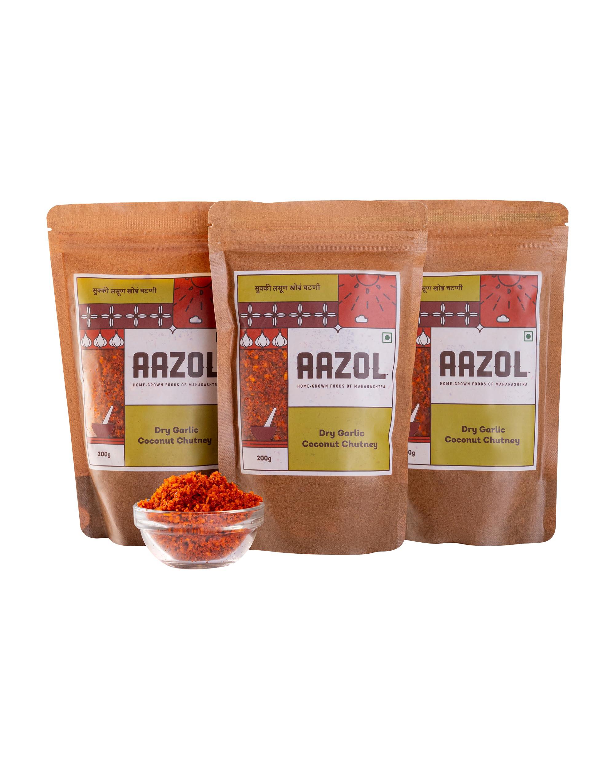 AAZOL Aazol Vada Pav Chutney: Dry Garlic Coconut Chuntey - 600gms (Pack of 3-200gms each) | Authentic & Spicy | Ideal with Idli, Dosa & Fried Snacks | Ready-to-eat Chutney | Long Shelf Life