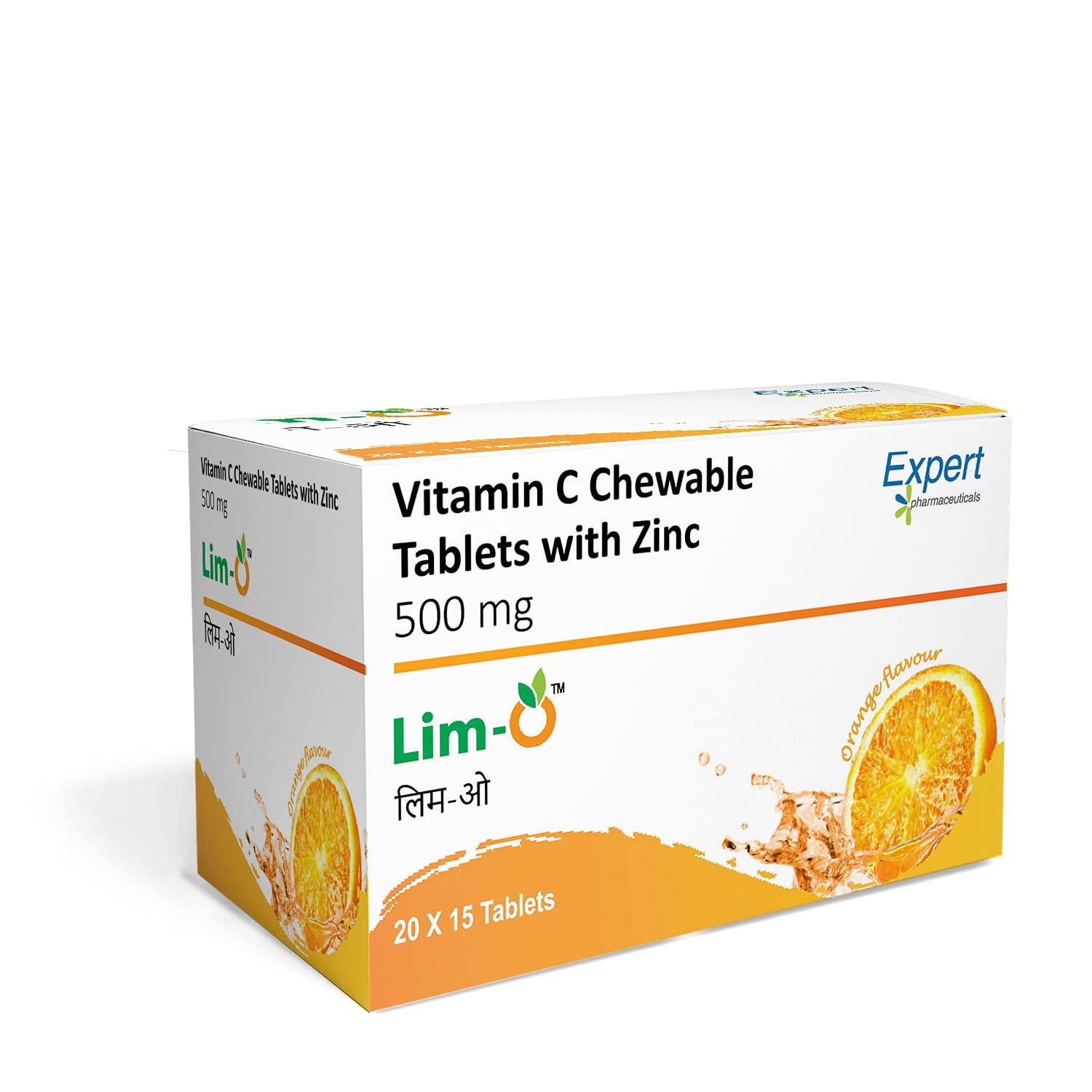 Lim-O Lim-O Vitamin C(500mg) & Zinc, Chewable Tablets for Immunity Skin Vegan Formula For Men Women, Orange Flavour (60 Tablets)