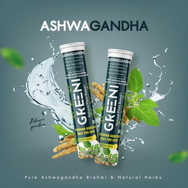 Greeni Greeni Ashwagandha Effervescent Tablets with Brahmi and Natural Herbs (Pack of 4, 60 Tablets)