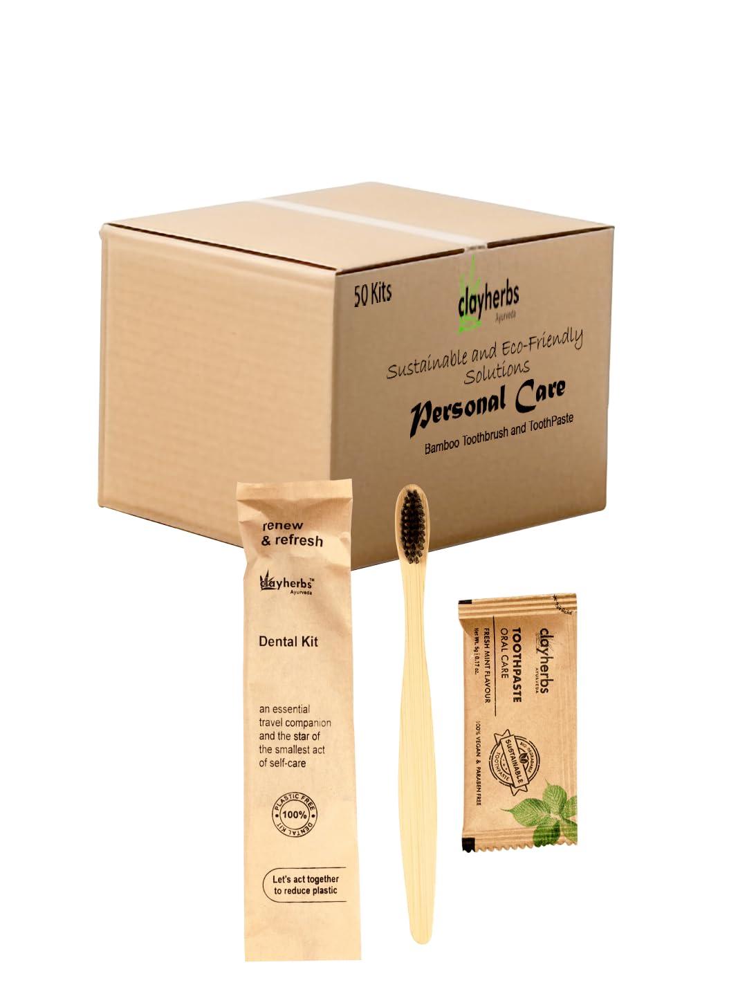 clayherbs Clayherbs (Pack-50) Sustainable Eco-Friendly Organic Bamboo Toothbrush and Toothpaste Sachet, Natural Flavor, Oral Care Biodegradable & Non-Toxic Hotel Dental Kit For Rooms