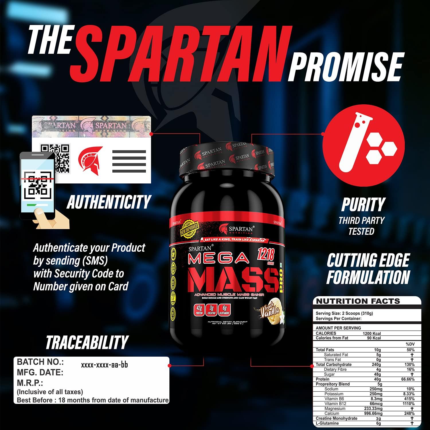 SPARTAN Spartan Nutrition Mega Mass Pro High Protein and High Calorie Mass Gainer / Weight Gainer Powder - 2.2 lbs, 1KG (French Vanilla) with Vitamins and Minerals