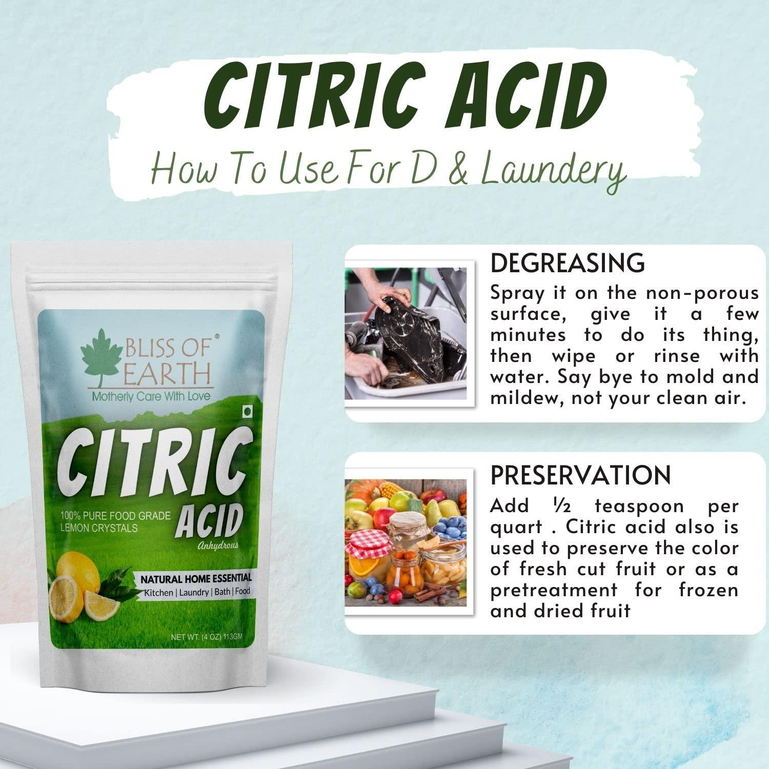 BLISS OF EARTH Bliss of Earth Citric Acid Powder For Food & Plants, Anhydrous Lemon Salt For Cleaning Purpose, 113gm