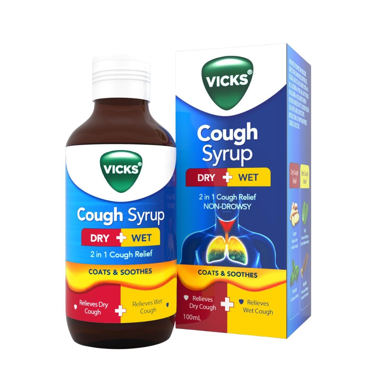 Vicks Vicks Cough Syrup, 100ml Bottle - Fast Relief for Dry & Chesty Coughs with Tulsi & Ginger, Ayurvedic Ingredients, Non-Drowsy Formula, Easy to Carry, Over-the-Counter (OTC)