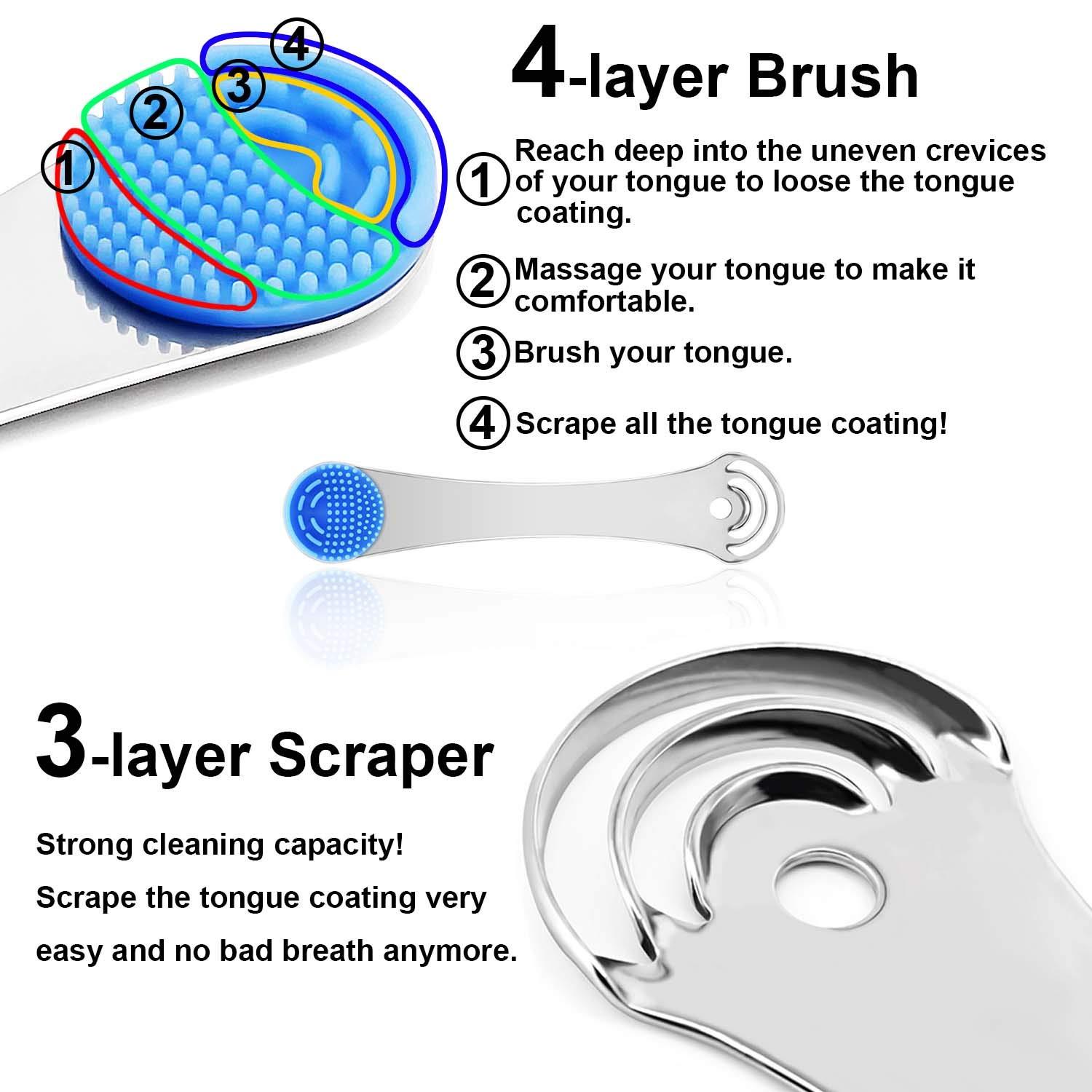 Moosec Tongue Scraper Cleaner for Reducing Bad Breath, Stainless Steel Tounge Cleaner with 2 Replaceable Tongue Brush
