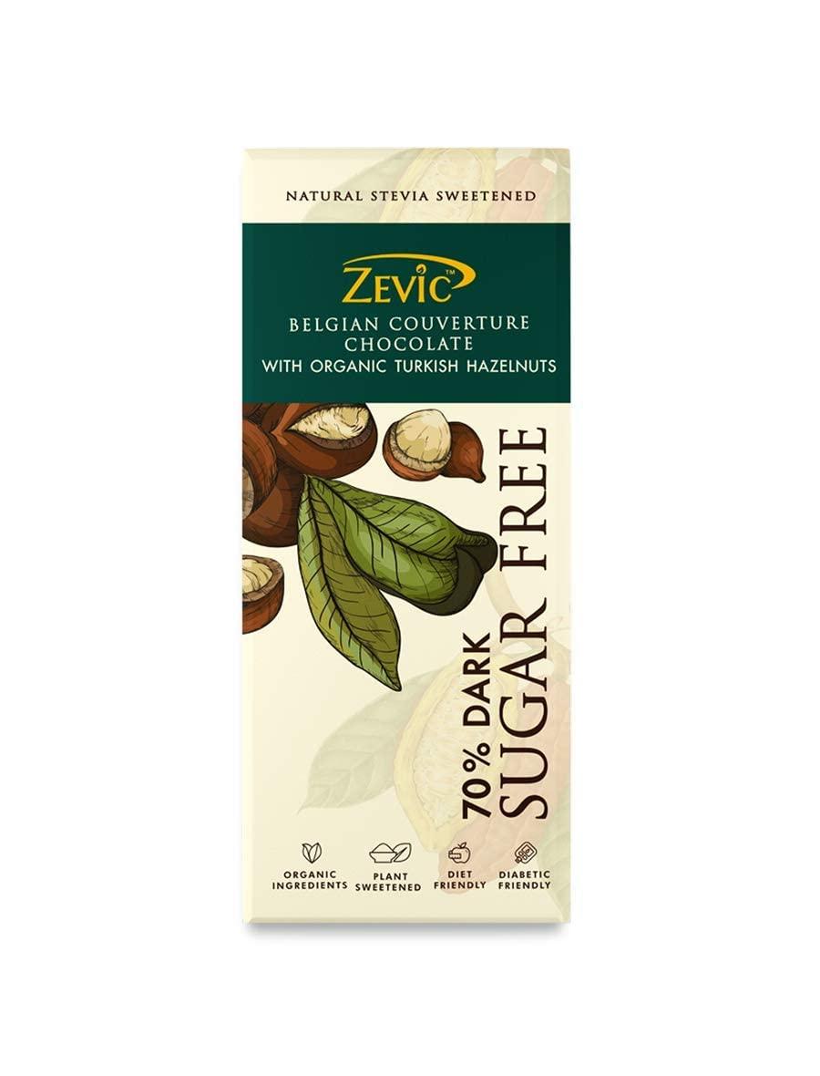 ZEVIC ZEVIC Organic Turkish Hazelnuts Chocolate Sugar Free | 70% Belgian Dark Chocolate | Stevia Chocolate | Rich in Vitamins & Minerals | Diabetic Friendly Chocolate | Healthy Chocolate, 40g - (Pack of 3)