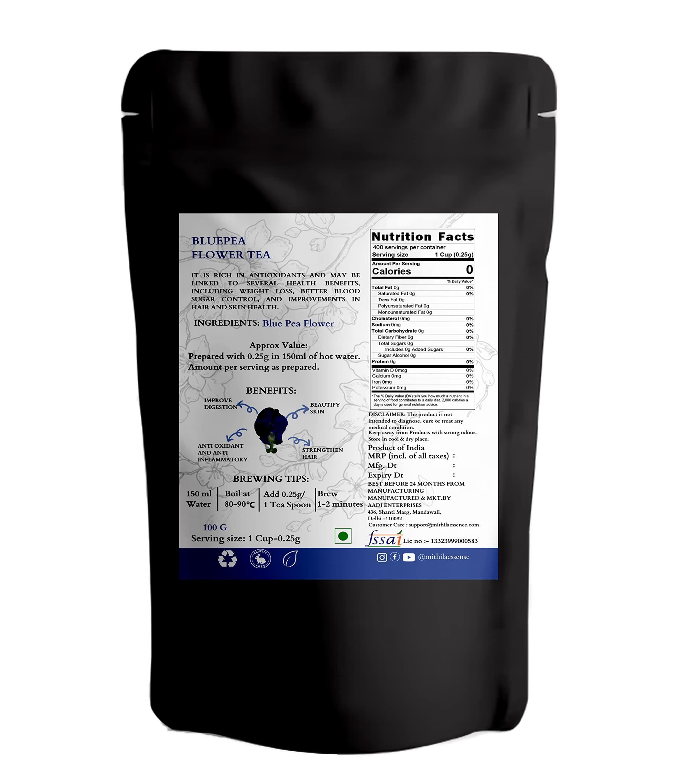 MITHILA ESSENCE MITHILA ESSENCE TEA - Exotic Butterfly Pea Flower Tea | High on Anti-oxidants| Caffeine Free Herbal Tea | Dried Butterfly Pea Flower | Tisane Tea100 gm (Pack of 1)