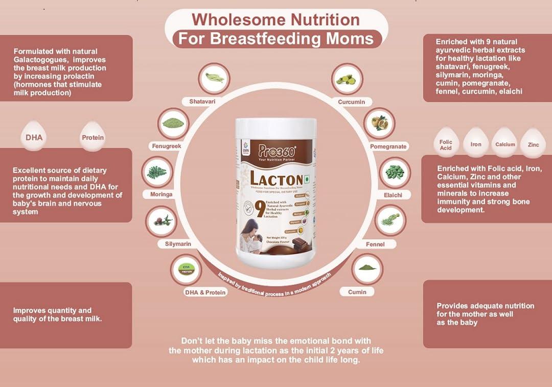 PRO360 Pro360 Lacton Protein Powder for Breastfeeding, Lactating Women - Lactation Support Supplement for Mother with Herbal Extracts - Helps to Increase Breast Milk Supply - Chocolate Flavor, 200g