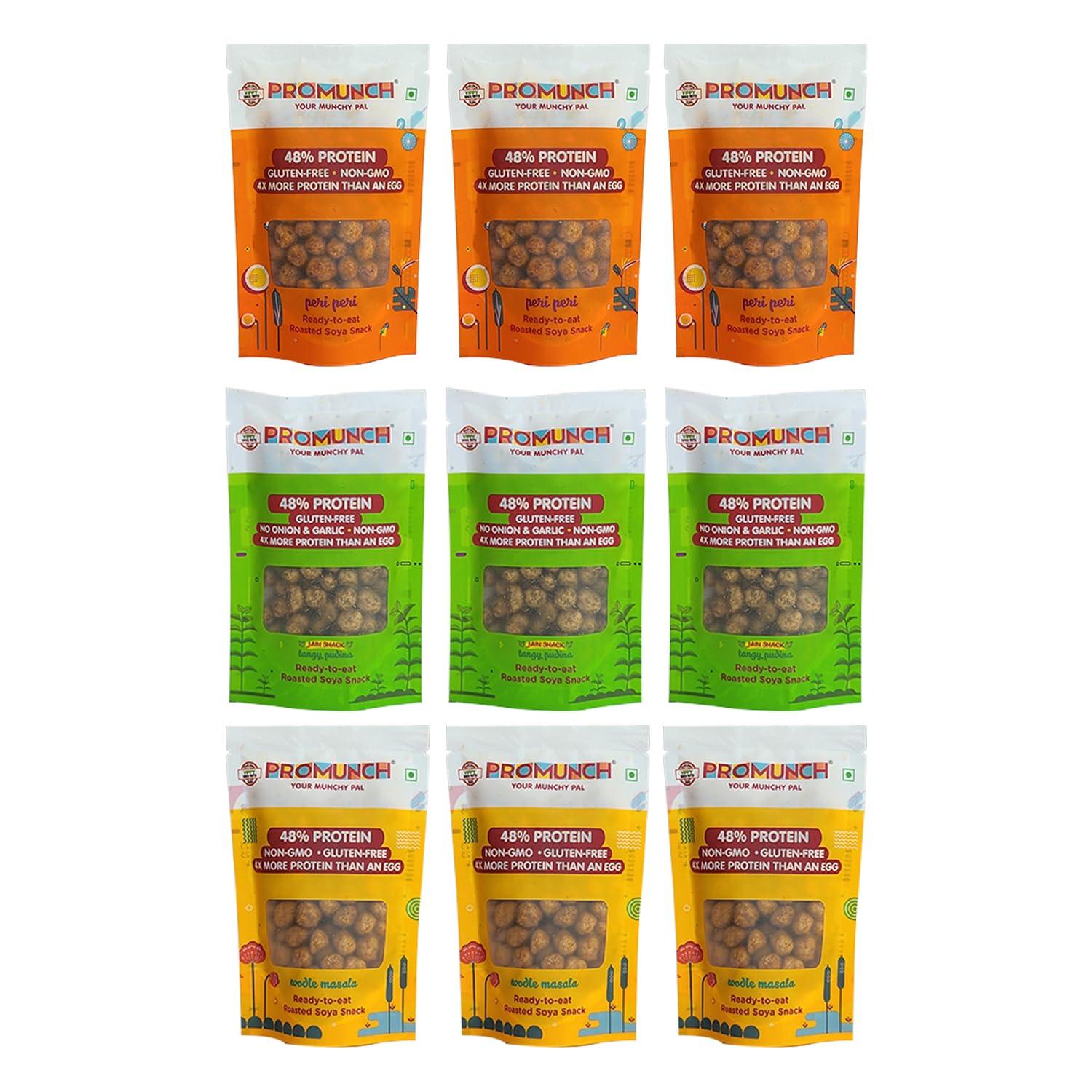 PROMUNCH PROMUNCH Roasted Soya Snack | High-Protein | Healthy | Gluten-Free (Tangy Pudina-3,Peri Peri-3,Noodle Masala-3) 30 gm Each