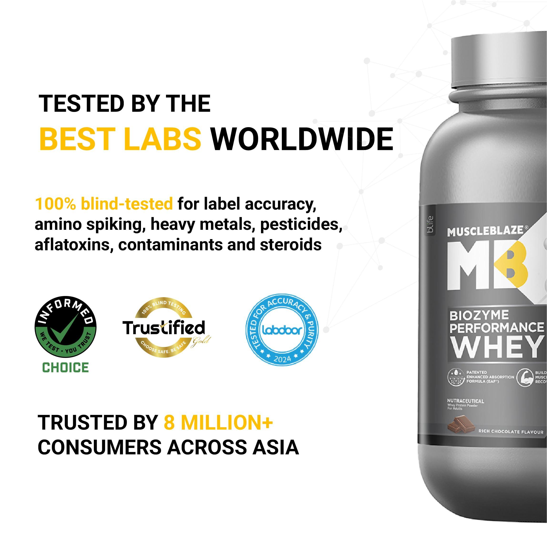 MuscleBlaze MuscleBlaze Biozyme Performance Whey Protein | Clinically Tested 50% Higher Protein Absorption | Informed Choice UK, Labdoor USA Certified & US Patent Filed EAF (Rich Chocolate, 750 g / 1.6 lb)