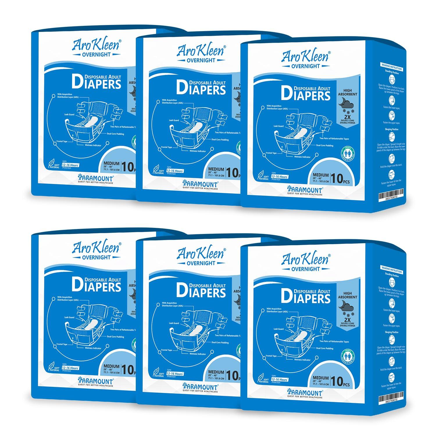 Aro Kleen Aro Kleen 2X Overnight 60 Count Adult Diapers Tape Style|Medium(M)|Waist Size 71-101 Cm(28"- 44")|16 Hr Absorption Protection|Unisex|Leak Proof|Wetness Indicator- Pack Of 6