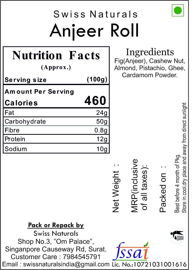 Swiss Naturals Swiss Naturals Anjeer Roll | Sugar Free Fig Barfi, 400g [ Dried Figs, Dry Fruits ]