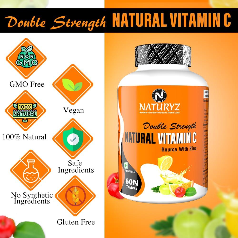 Naturyz Naturyz Double Strength Natural Vitamin C & Zinc Supplement with Amla, Acerola Cherry, Citrus Bioflavonoids rich in Antioxidants for Immunity Support & Skincare pack of 2 (120 Vegetarian tablets)