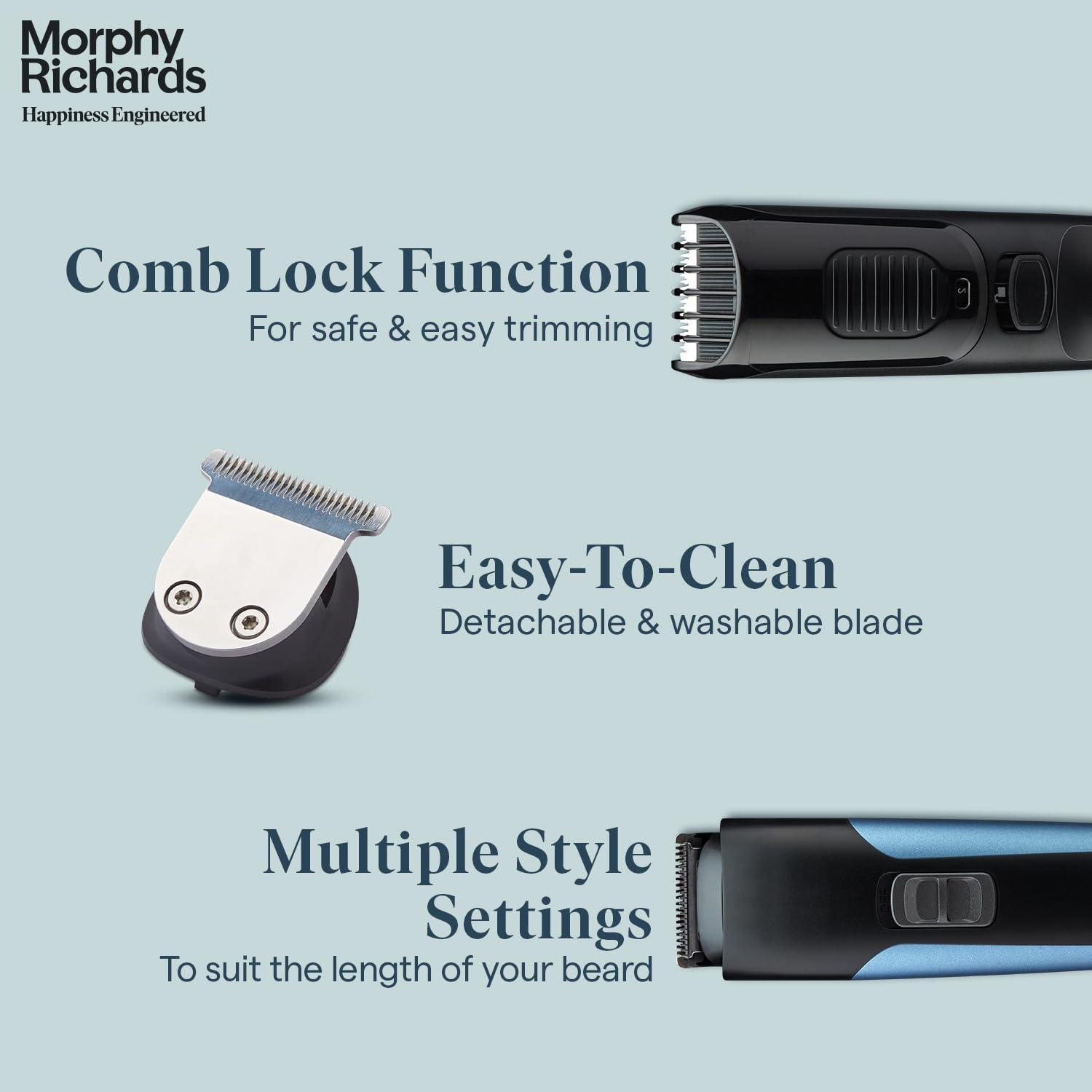 Morphy Richards Morphy Richards Astonx Bt1110 Beard Trimmer Men|9 Settings Single Comb| Reachargable Men Trimmer|Removable & Washable Blades| 2-Yr Warranty |Travel Friendly Beard Trimmer|Metallic Blue & Black