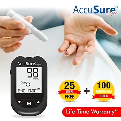 AccuSure AccuSure Instant Digital Simple Glucometer Kit | With 25 + 100(Additional) Strips,10 Lancet,1 Lancing device for Accurate Blood Glucose Sugar Testing Machine