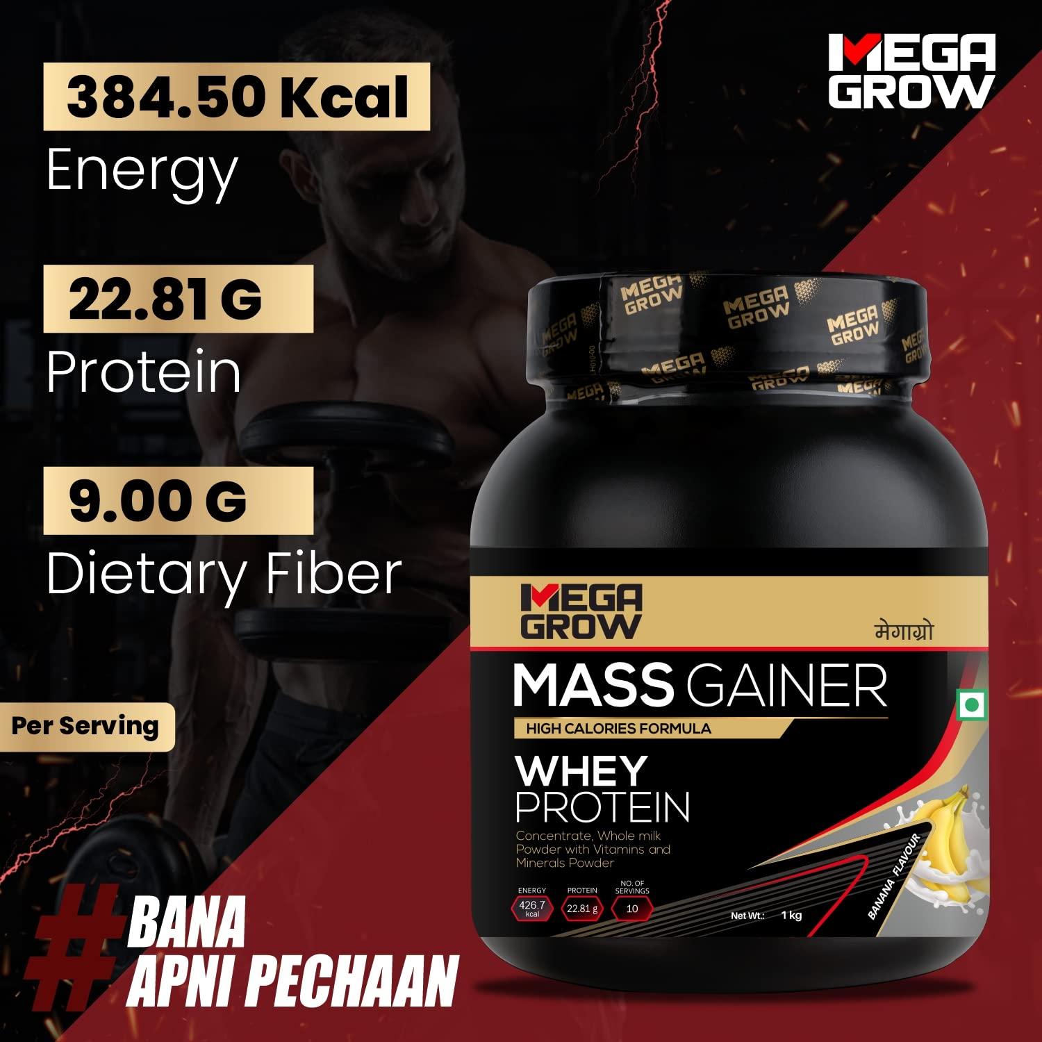 MEGAGROW Megagrow Mass Gainer 1kg Banana Flavor High Calorie Whey Protein Powder for Muscle Growth & Muscle Buidling Pre/Post Workout Supplement for Men & Women - Total 10 Servings