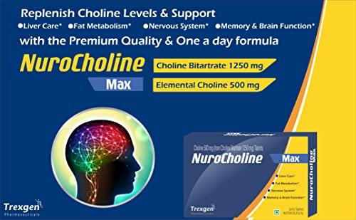 Trexgen Trexgen NUROCHOLINE MAX Choline 500 (from Choline Bitartrate 1250 mg) Fat Metabolism, Liver Care, Cognitive & Nervous System Health (30 Tablets) (Pack of 1)