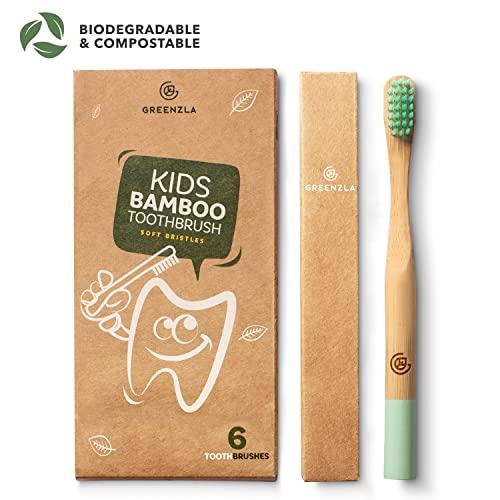GREENZLA Greenzla Kids Bamboo Toothbrushes (6 Pack) | BPA Free Soft Bristles Toothbrushes | Eco-Friendly, Natural Bamboo Toothbrush Set | Biodegradable, Compostable & Organic Charcoal Wooden toothbrushes