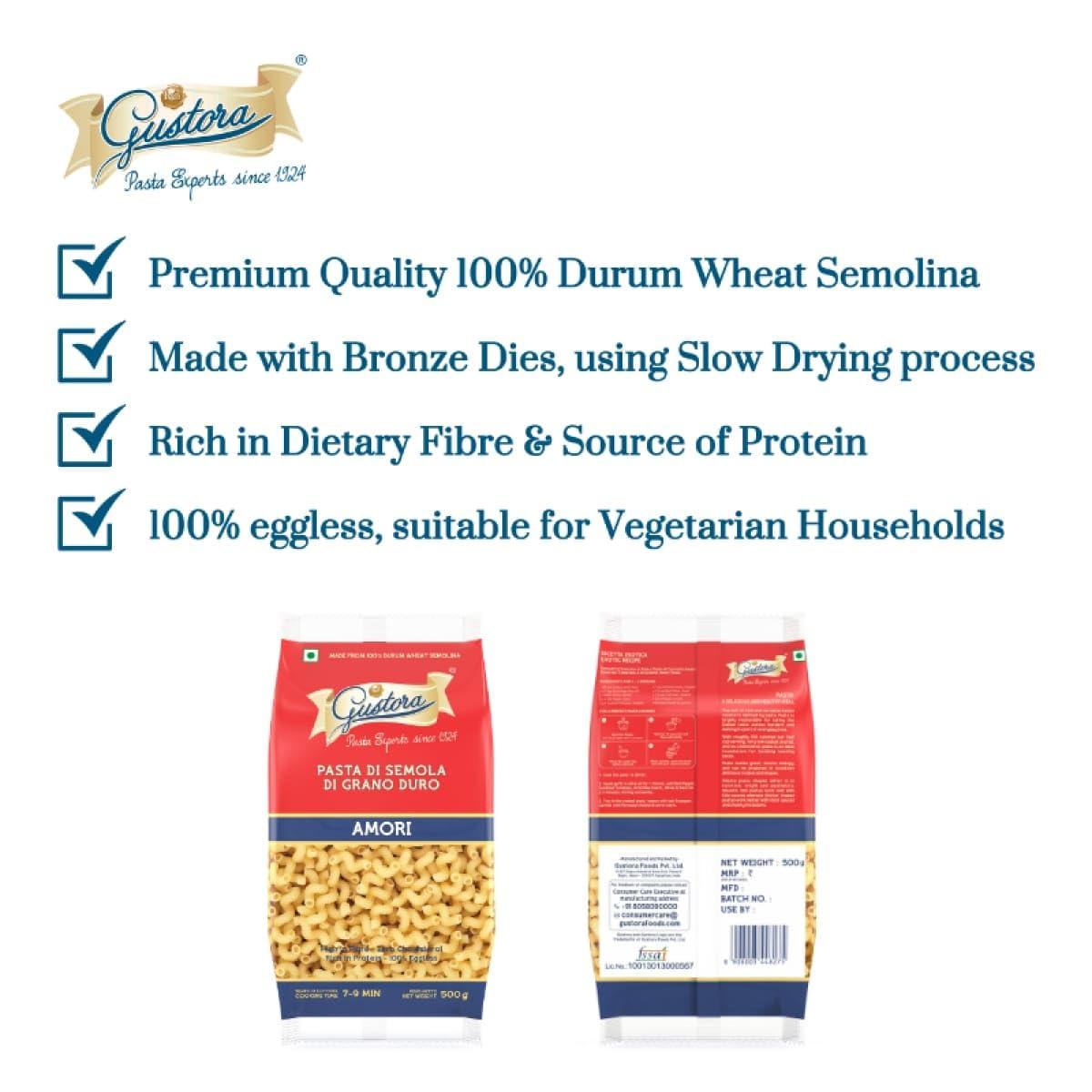 Gustora Gustora Amori Pasta, 500g I Made of 100% Durum Wheat Semolina I Rich in Protein & Fibre I Vegetarian I Zero Cholesterol I No Trans-fat I Cooking Time 10 Minutes - 500G