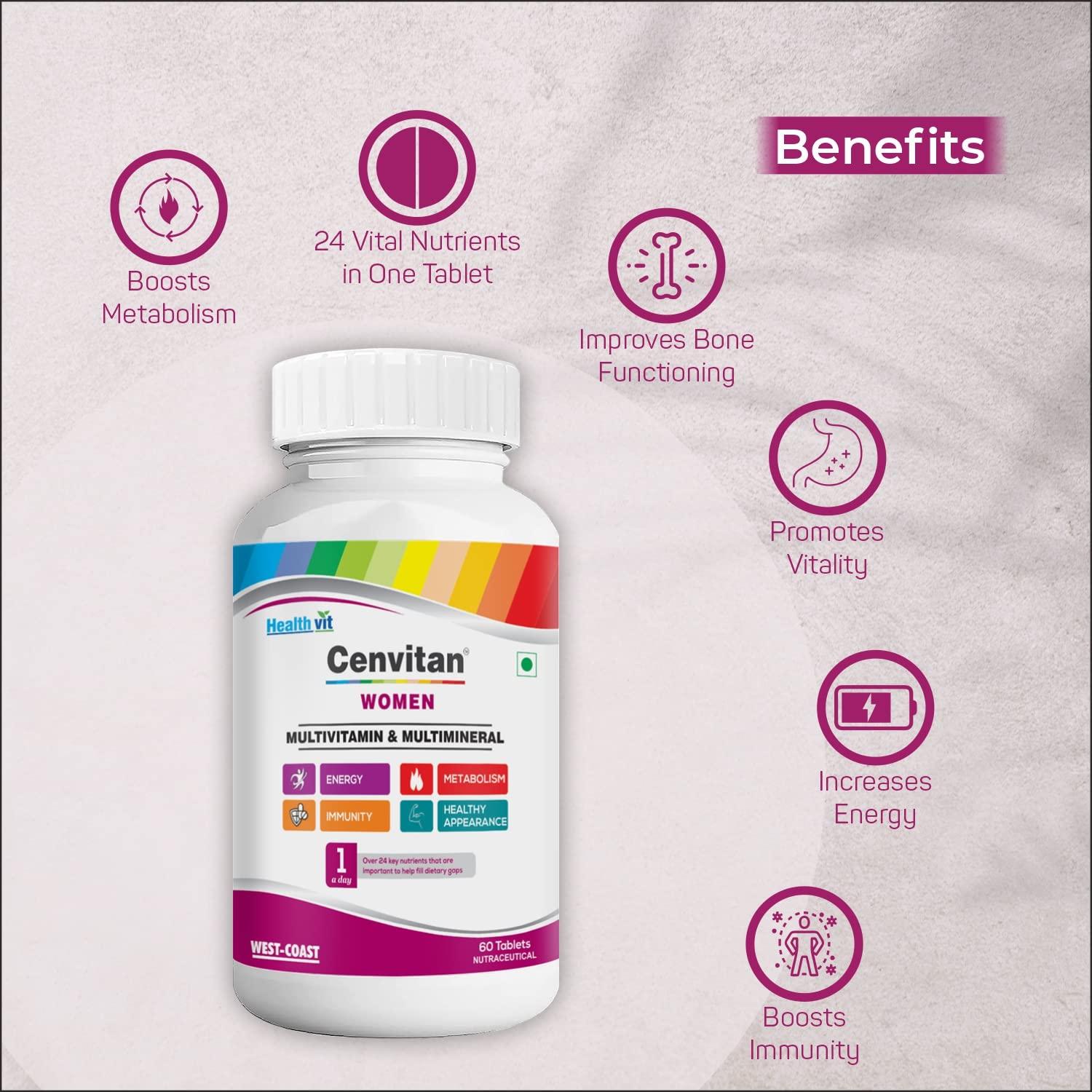HealthVit Healthvit Cenvitan Multivitamin for Women - 60 Tablets with 24 Nutrients | Women Daily Nutrition, Stamina Enhancement, Hair, Skin, and Nails | Bone Health, Vitality, Energy Boost, Immunity (Pack of 2)