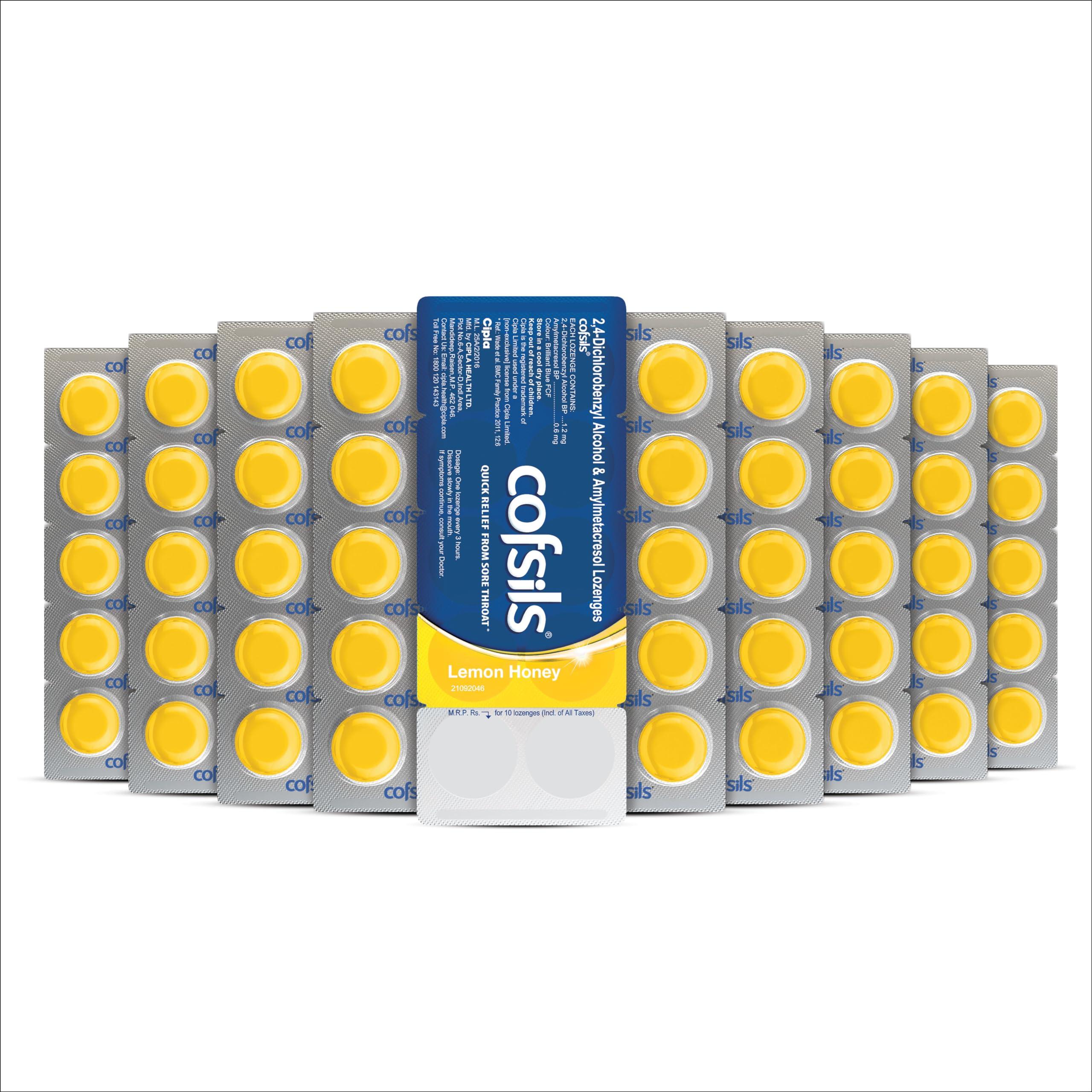 Cipla Cipla Cofsils Lozenges (200 Lozenges) | Lemon Honey Flavour | Quick Relief from Sore Throat, Itchy Throat and Scratchy Throat (10 x 20 Strips)