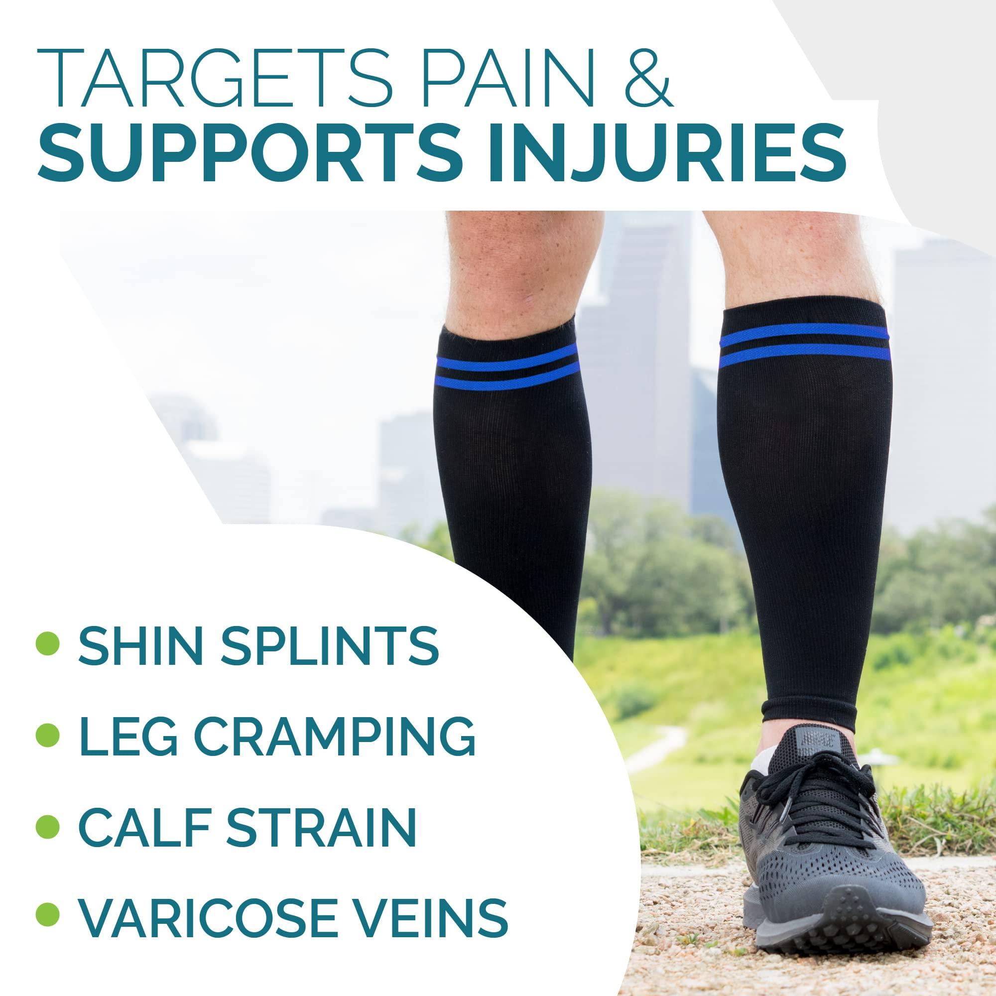 Run Forever Run Forever Calf Compression Sleeves for Men and Women - Leg Compression Sleeve - Footless Compression Socks for runners, Black & Blue, Large