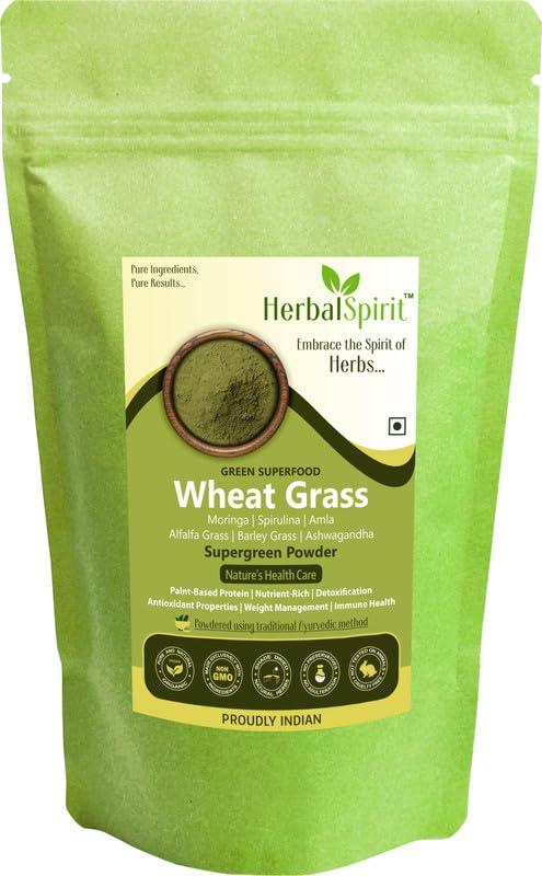 HerbalSpirit Herbal Spirit Daily Greens Supplement Superfood Powder, 400gm | Wheatgrass, Moringa, Alfalfa, Barley grass, Spirulina, Ashwagandha and Himalayan Amla fruit for Daily Greens Wellbeing Nutrition |