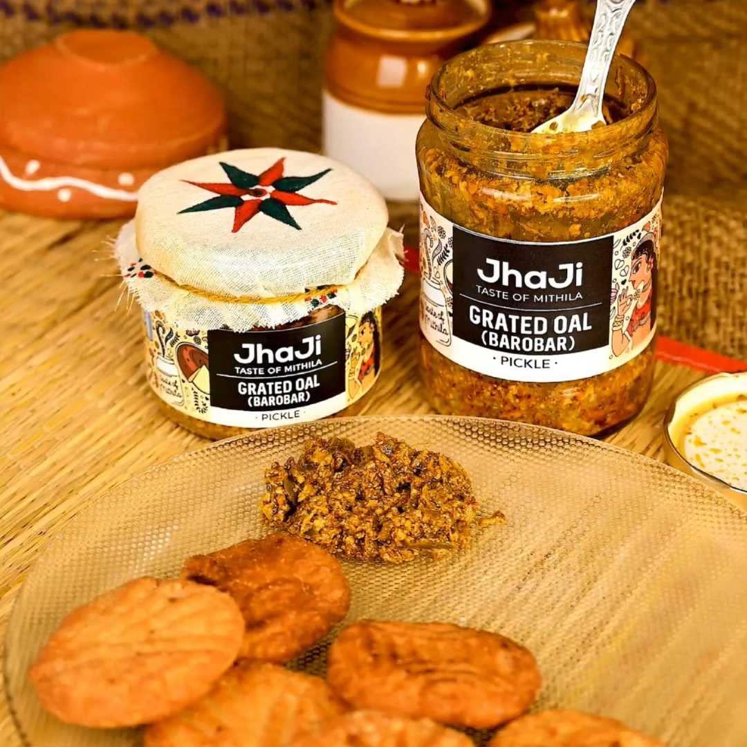 JhaJi - Taste of Mithila JhaJi - Taste of Mithila Oal Ginger Chilli Mix Pickle | Tangy, Spicy, And Gingery Aftertaste | Grated Jimikand Pieces | Sun-Dried | Bihari-Style Homemade Pickle, 500G