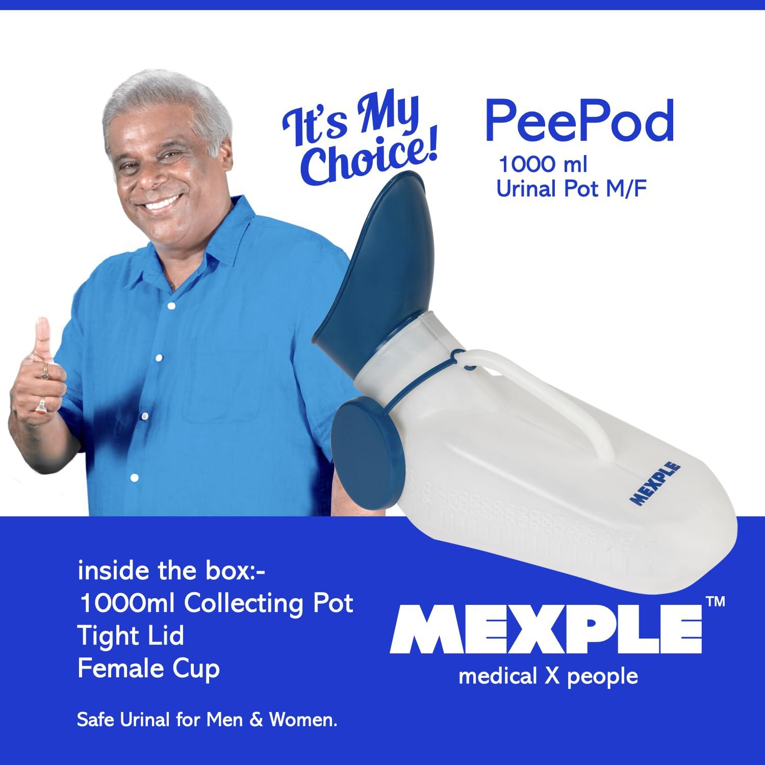 Mexple Mexple Peepod M/F Urinal Pot, Urinal For Women & Men, Pee Funnel, Unisex Bed Pan, Portable & Safe Medical Grade Urine Pot With Female Cup 1000Ml, Urine Bottle For Patients, White