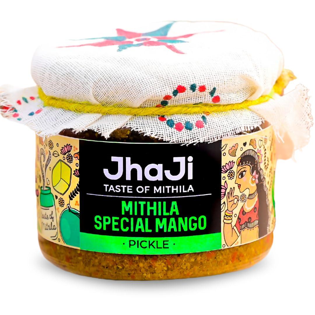 JhaJi - Taste of Mithila JhaJi - Taste of Mithila Special Mango Pickle|Bihari Style Aam Ka Achaar|Tangy & Spicy|Masaledaar & Khatta|1-Inch Mango Pieces|Sun-Dried. No Artificial Preservatives & Colors|Bihari-Style Pickle,250G