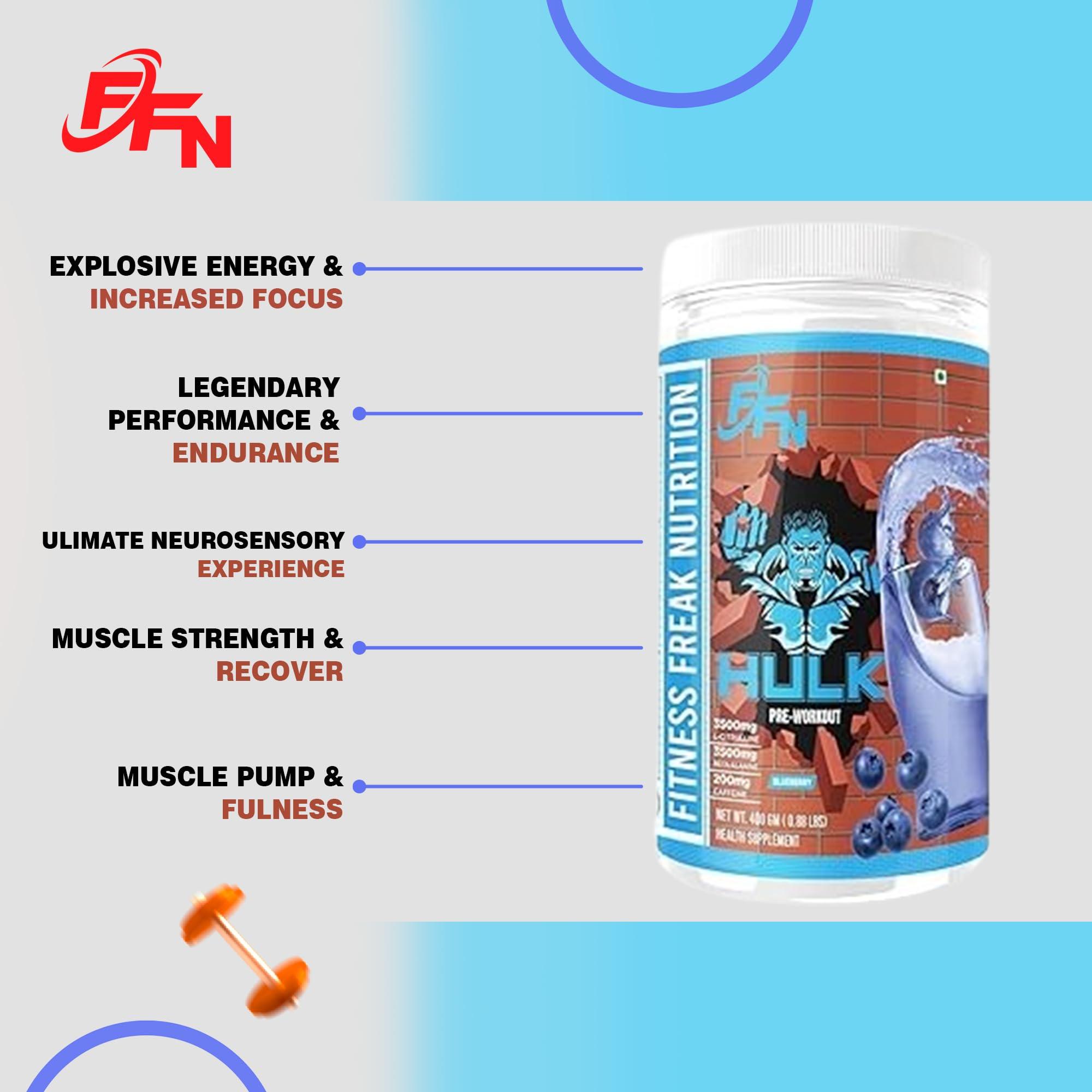 FITNESS FREAK NUTRITION Fitness Freak Nutrition Pre-Workout (30 Servings) Premium Supplement for Enhanced Focus, Strength, Energy, and Pump 100% Dope-Free, Banned Substance Tested, 400g - Blueberry