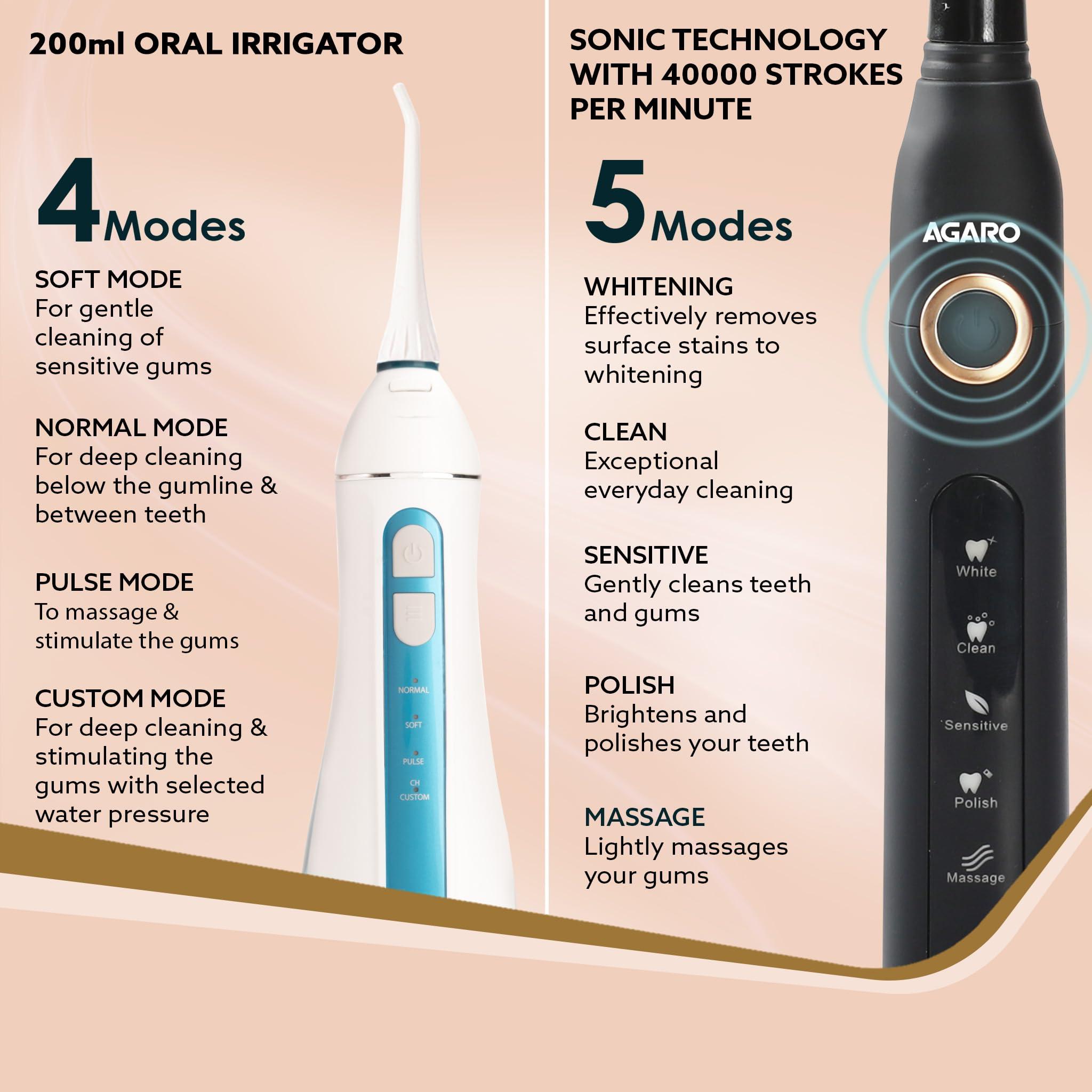 AGARO AGARO Cosmic Plus Sonic Tooth Brush Black & Ultra Portable Oral Irigator 200 ML White & Blue, Combo